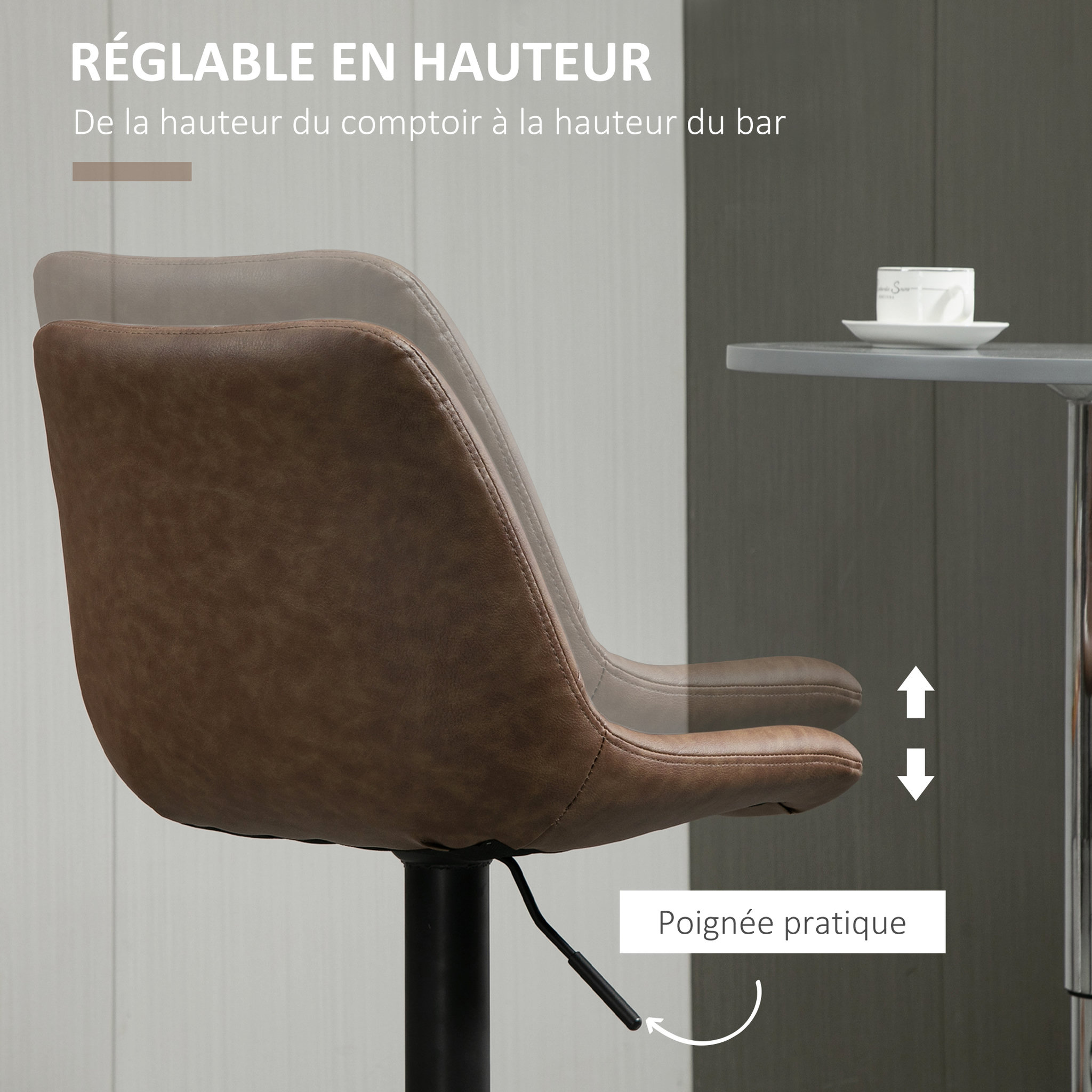 Voir la diapositive 6 : HOMCOM Lot de 2 tabourets de bar Vintage pivotant réglable - repose-pied - revêtement synthétique marron