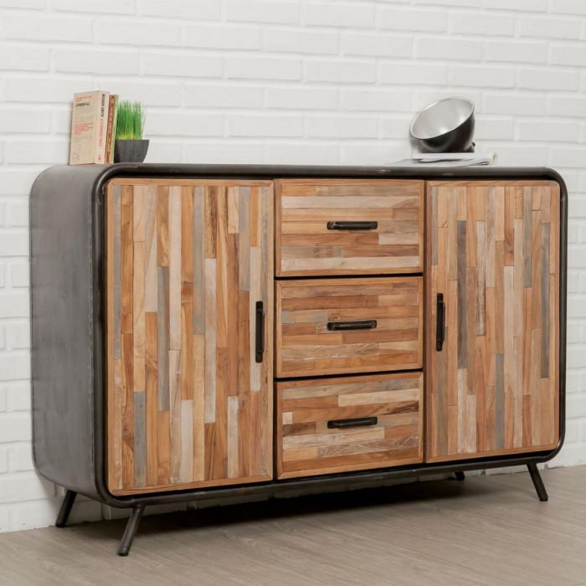 Paris Prix Buffet 2 Portes en Teck Industriel  Fusion  140cm Naturel