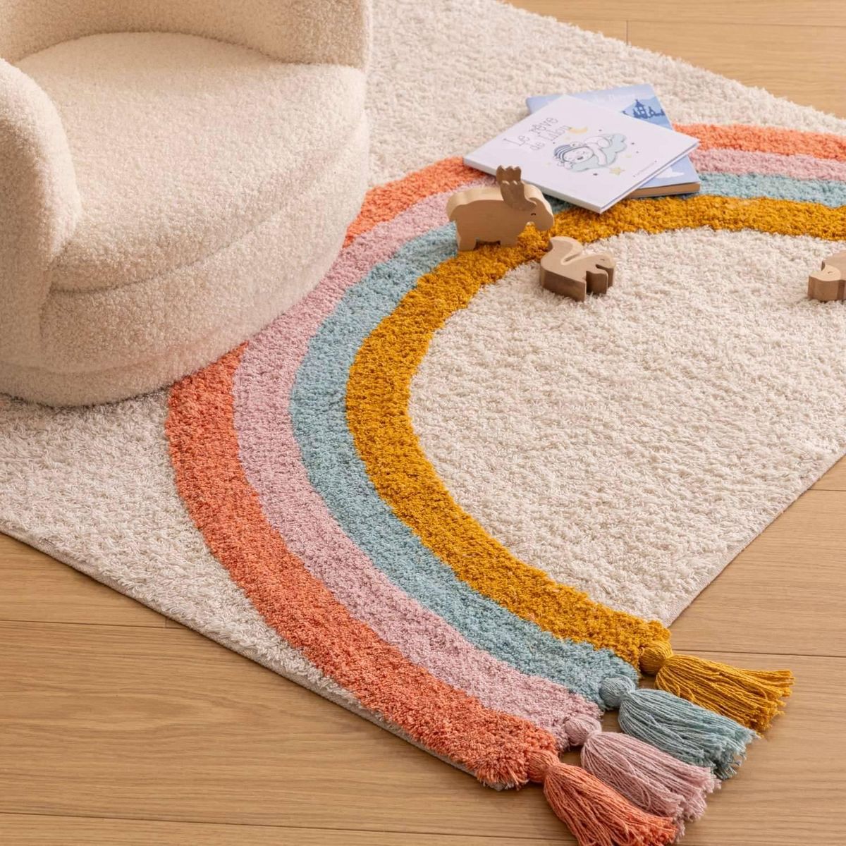 Atmosphera Kids Tapis enfant rectangulaire à pompons Arc en ciel - 100 x 150 cm - Multicolore
