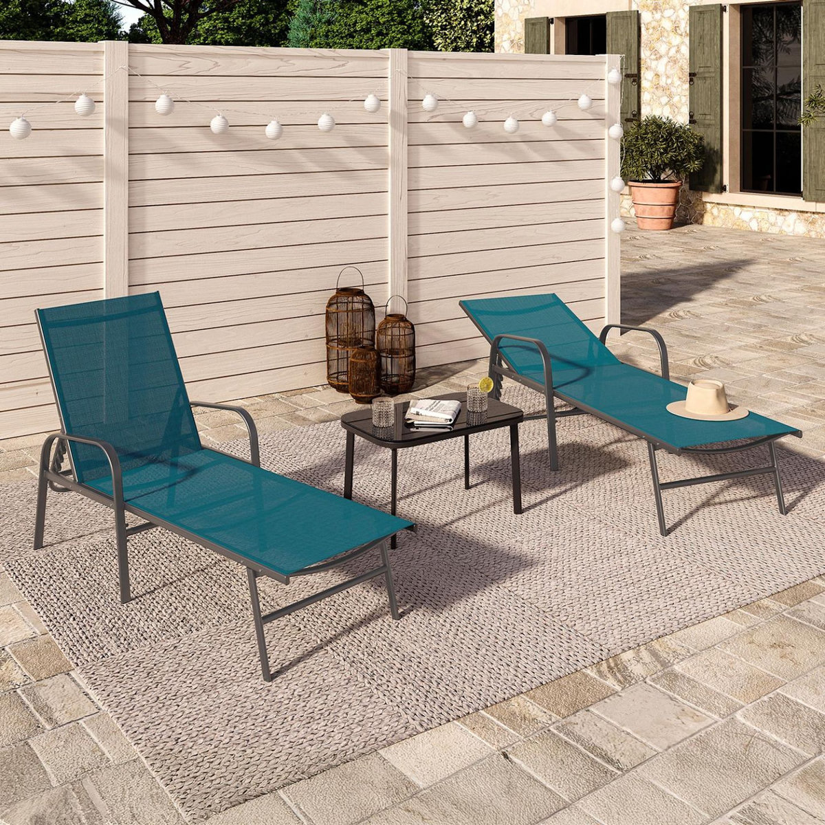 ID MARKET Lot de 2 transats de jardin inclinables FIDJI en acier gris anthracite et toile bleu canard