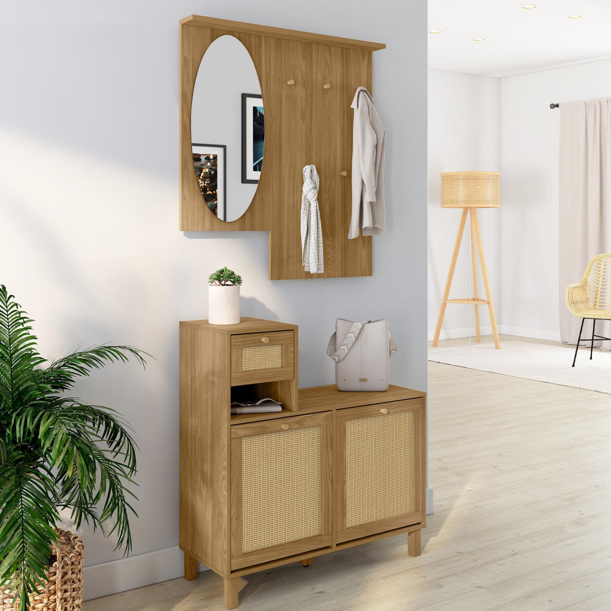 Voir la diapositive 2 : ID MARKET Vestiaire d'entrée avec miroir hanae effet naturel cannage