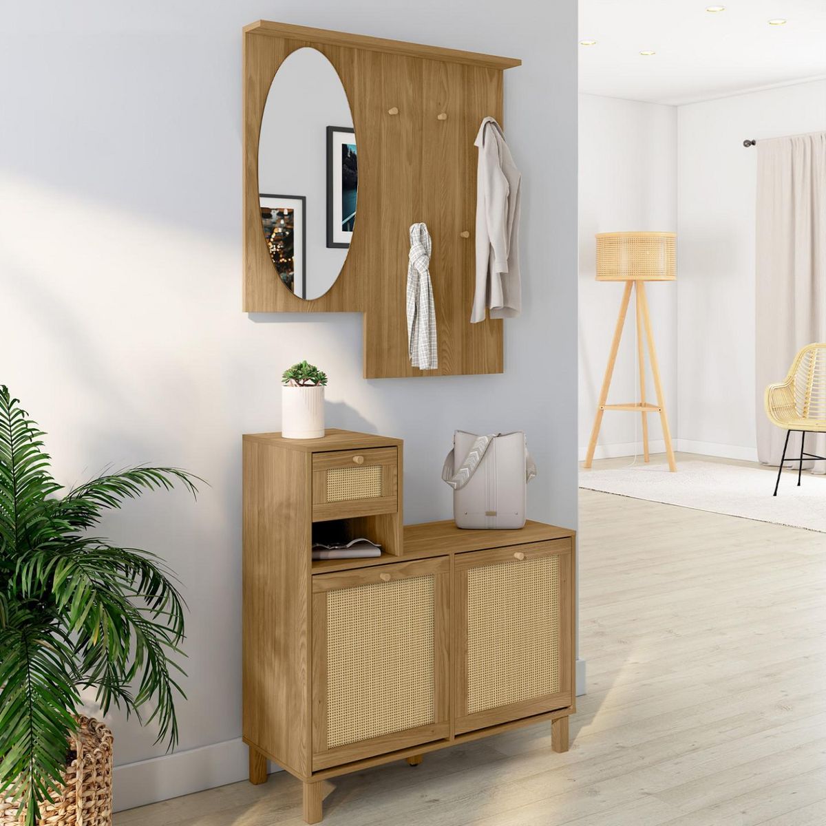 ID MARKET Vestiaire d'entrée avec miroir HANAE effet naturel cannage