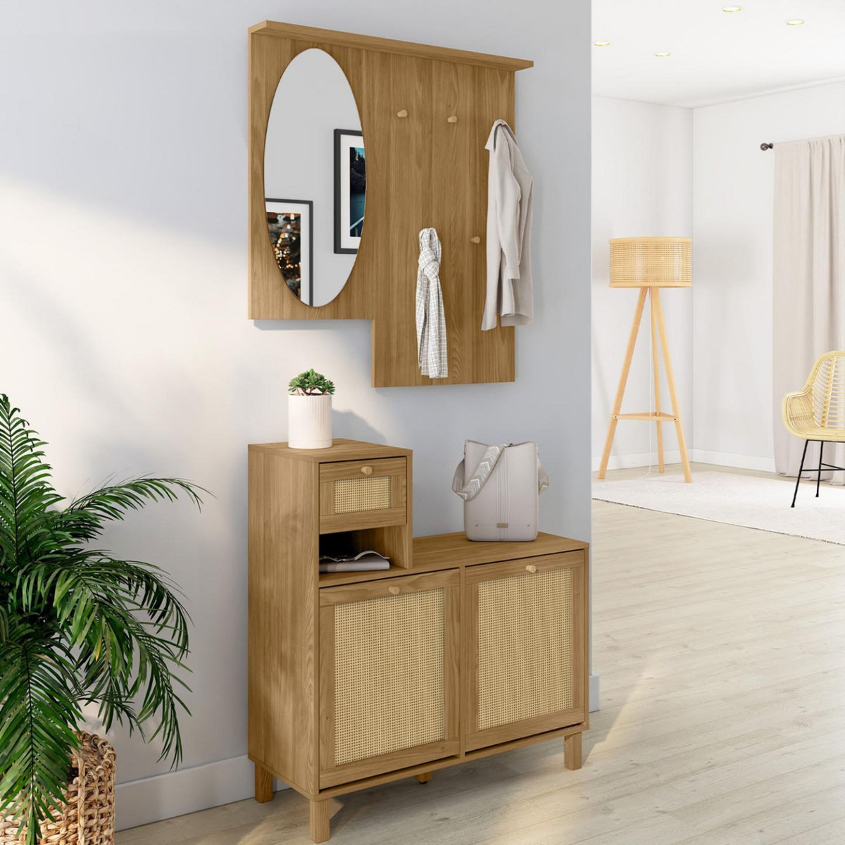 ID MARKET Vestiaire d'entrée avec miroir HANAE effet naturel cannage