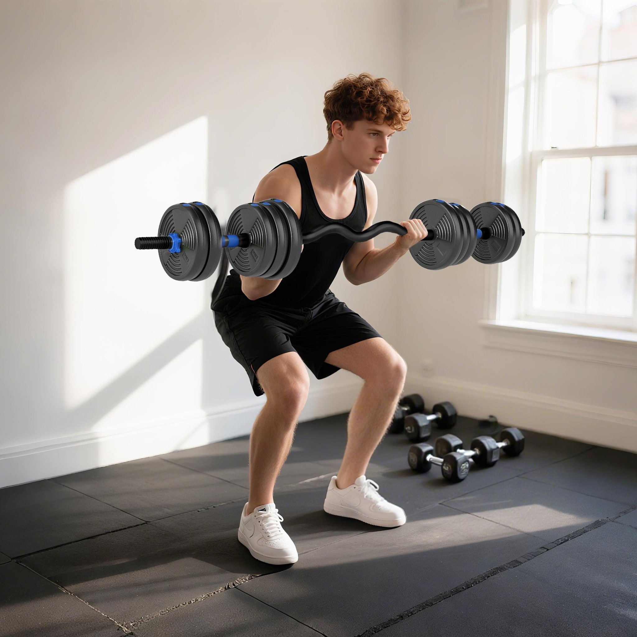 Voir la diapositive 4 : HOMCOM Ensemble d'haltères musculation multifonction 3 en 1 - haltères, olympic barre, curl ez barre - total 25kg - pvc bleu noir