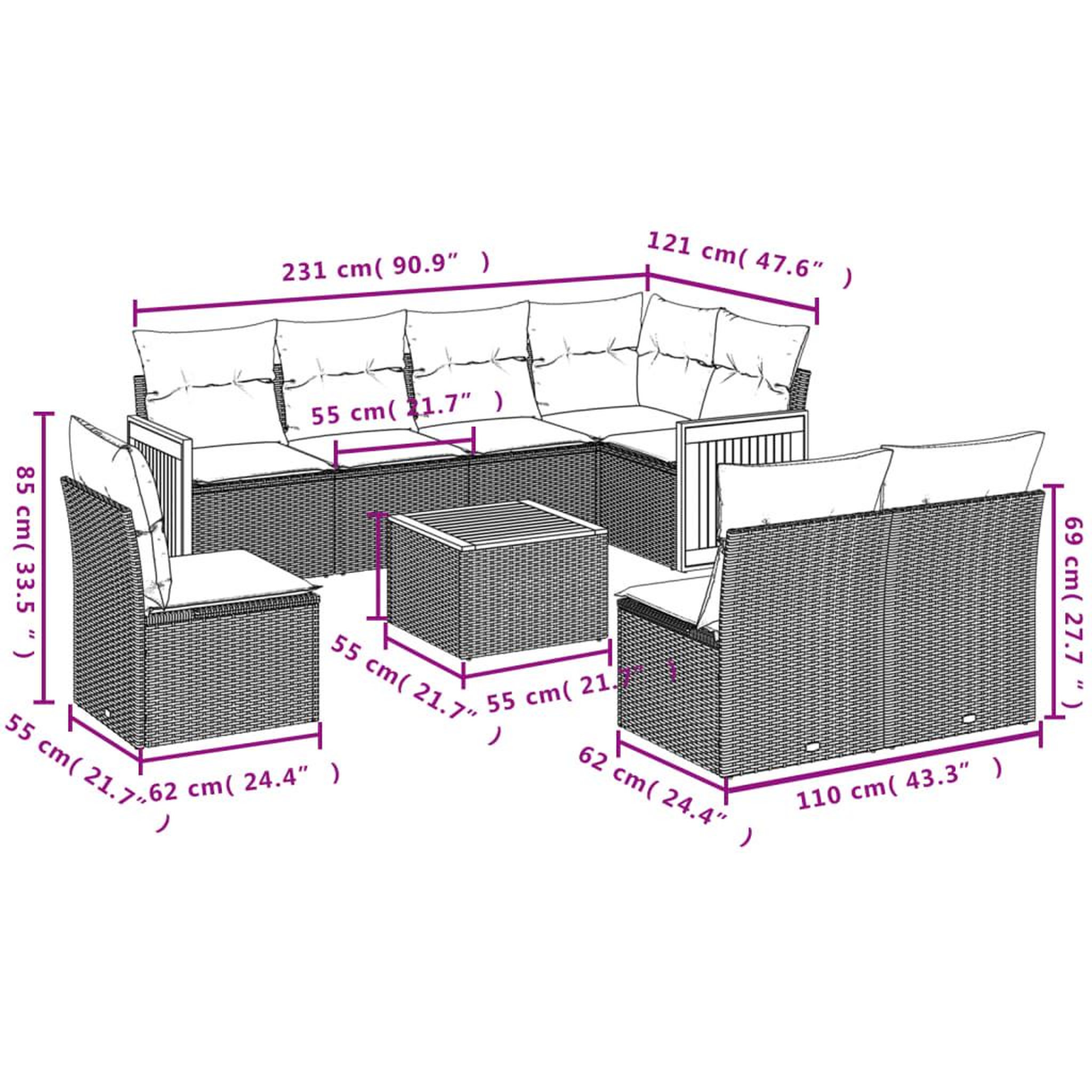 Voir la diapositive 6 : VIDAXL Salon de jardin 9 pcs avec coussins gris resine tressee