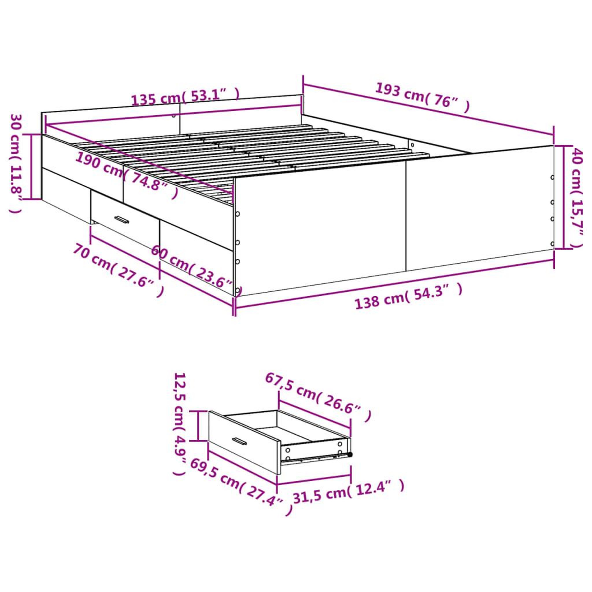Voir la diapositive 6 : VIDAXL Cadre de lit avec tiroirs sans matelas gris beton 135x190 cm