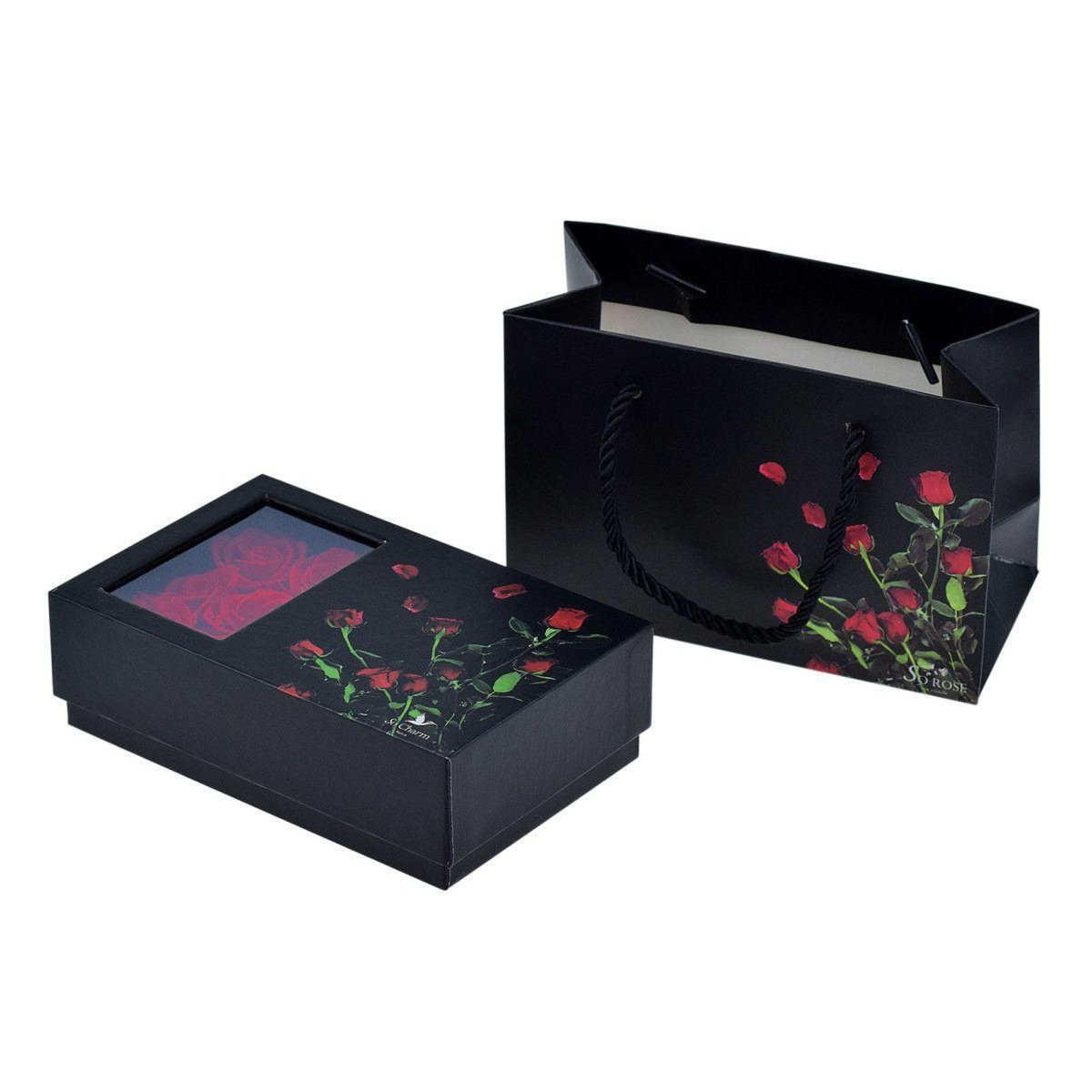 SC CRYSTAL Boite à bijou décorée de 6 roses éternelles rouges et son collier