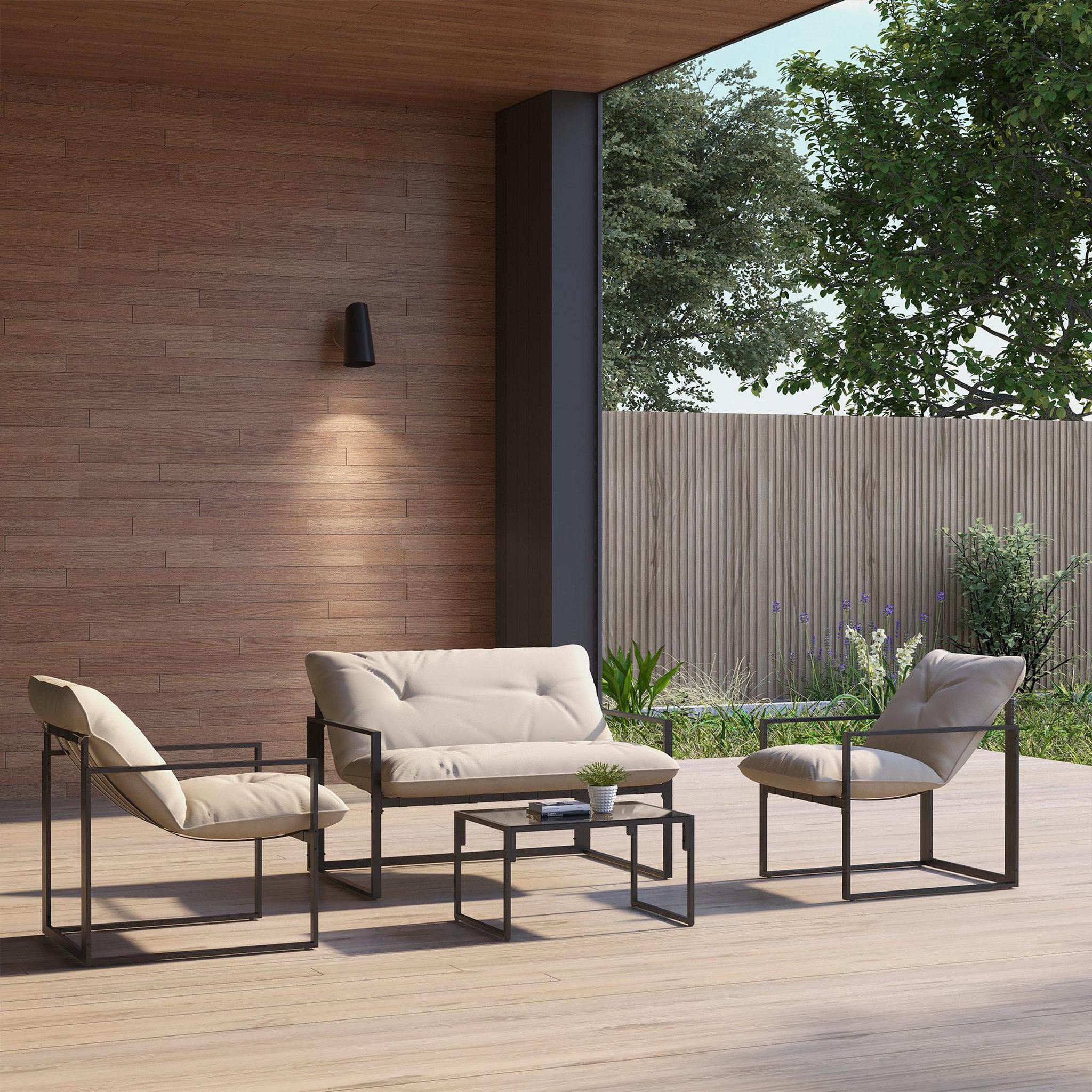 Voir la diapositive 2 : OUTSUNNY Salon de jardin 4 personnes - 4 pièces, 3 coussins - acier époxy noir polyester beige