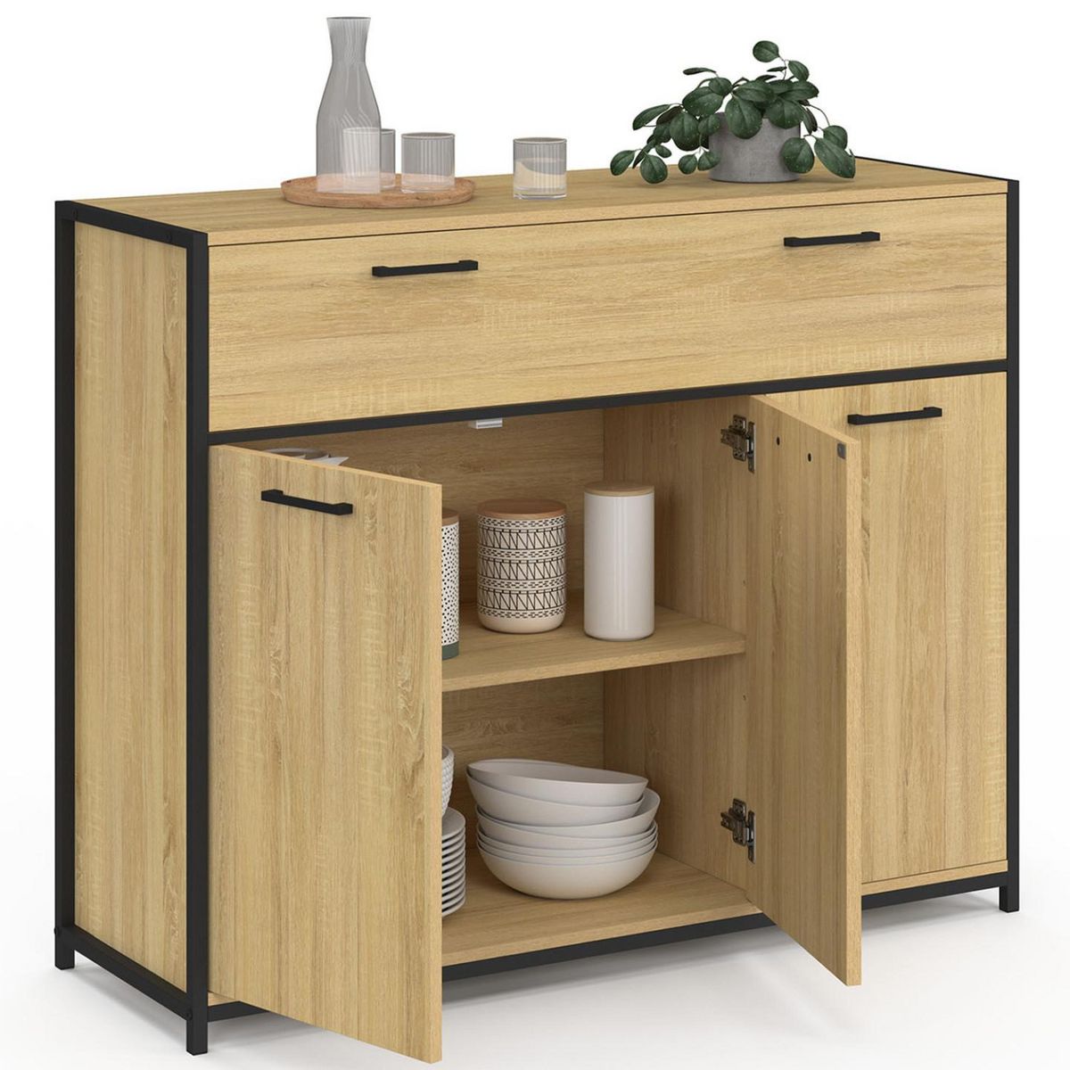 ID MARKET Buffet 100 cm DETROIT 3 portes et 1 tiroir design industriel