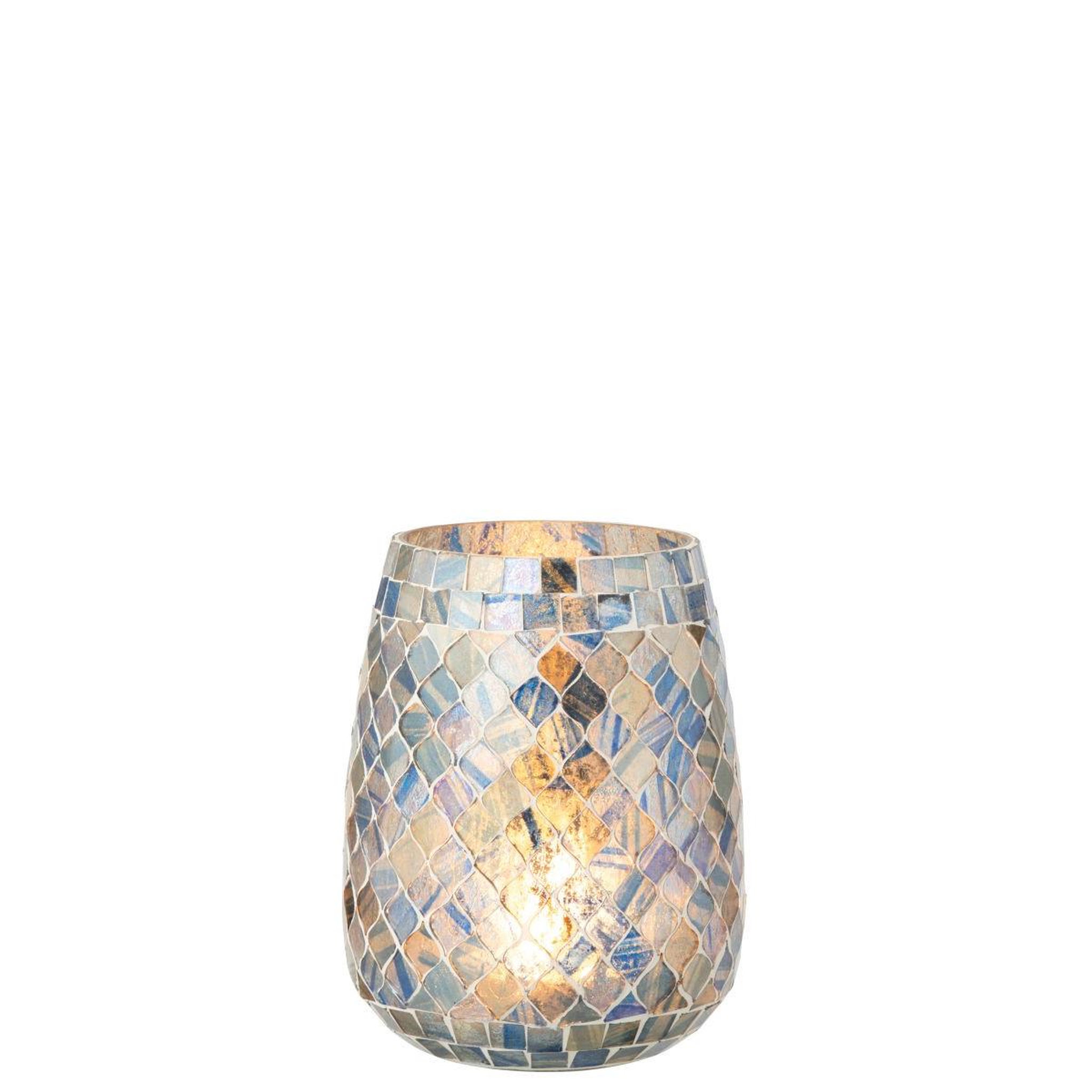 Voir la diapositive 2 : J-LINE Photophore Mosaïque en Verre  Marlon  16cm Bleu