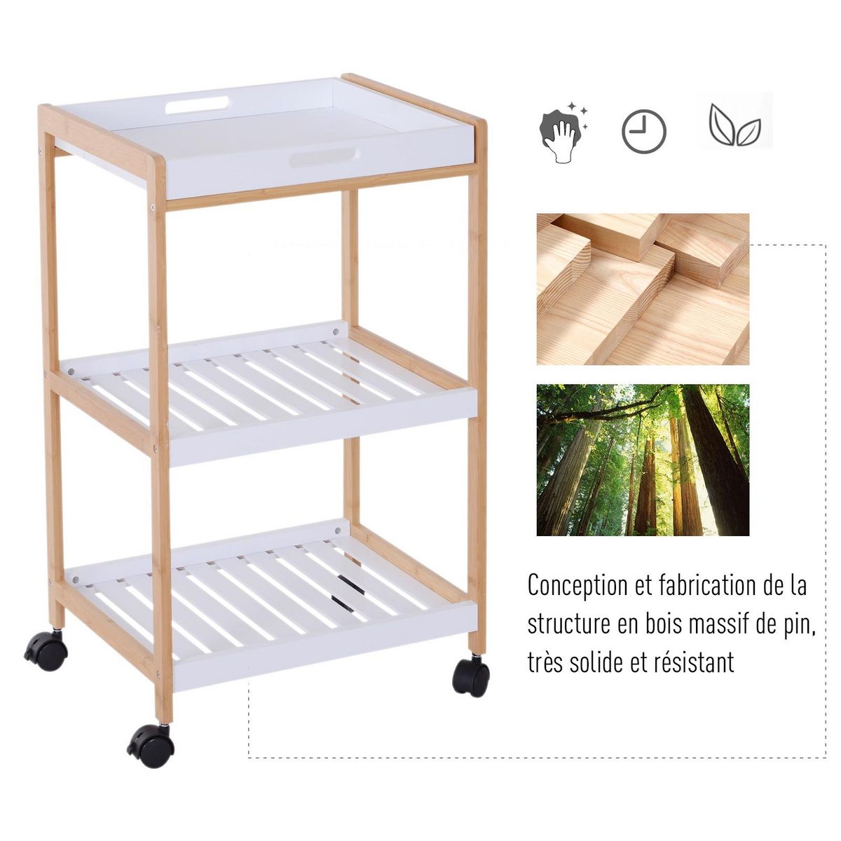 HOMCOM Chariot de service desserte de cuisine à roulettes 2 étagères + plateau amovible bois de pin MDF blanc