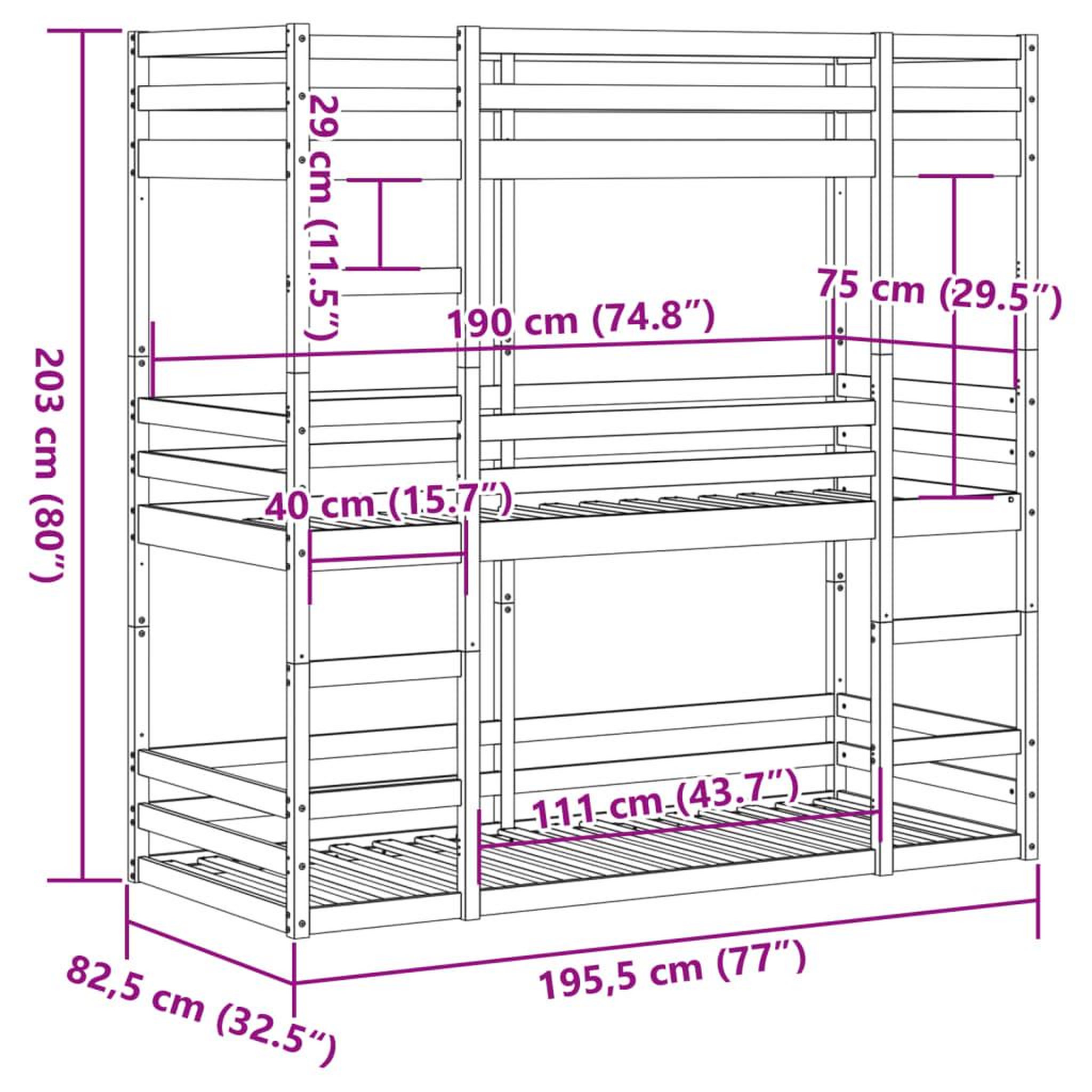 Voir la diapositive 6 : VIDAXL Lit superpose triple sans matelas 75x190 cm bois de pin massif