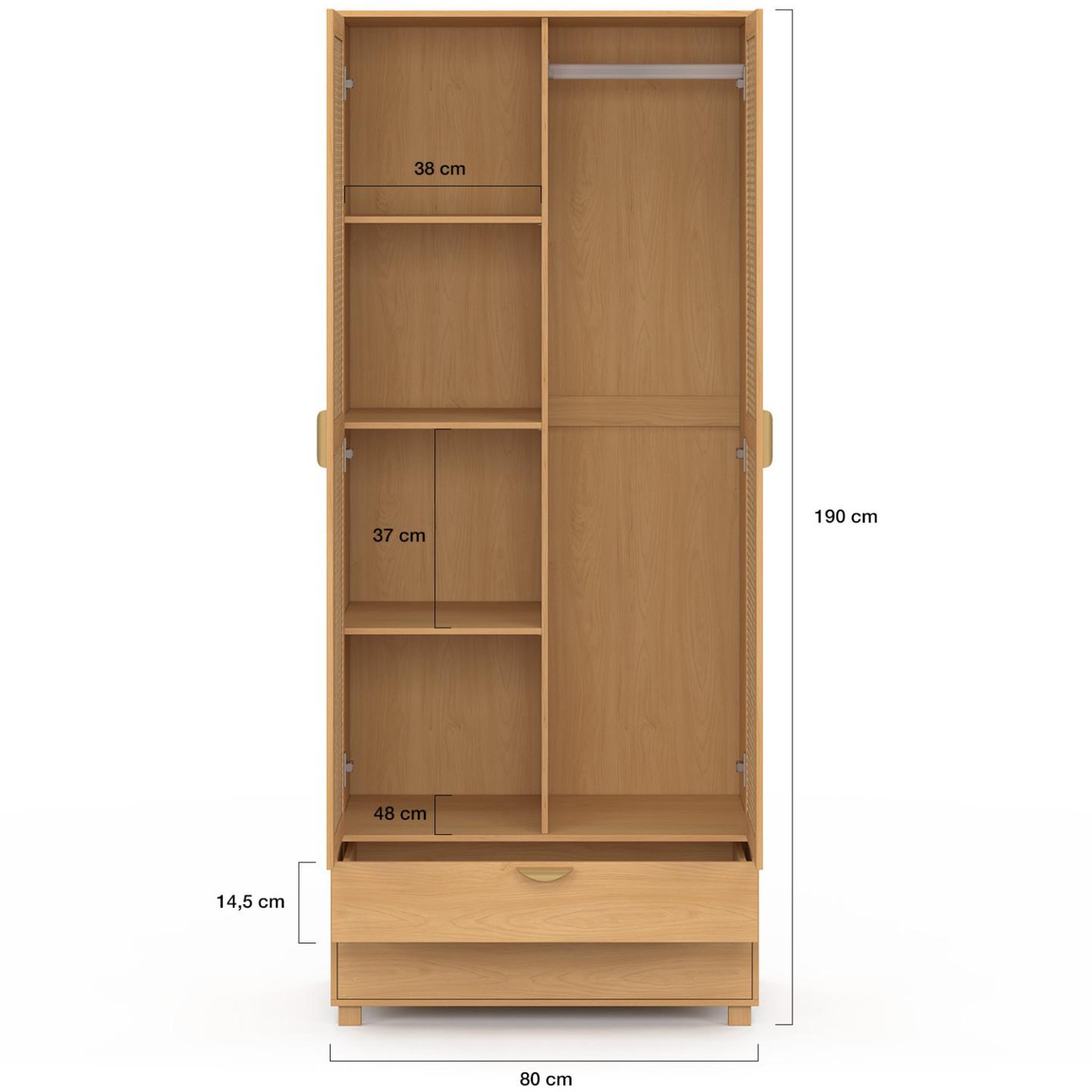 Voir la diapositive 4 : ID MARKET Armoire 2 portes edhen bois et cannage penderie 80 cm avec 2 tiroirs et étagères