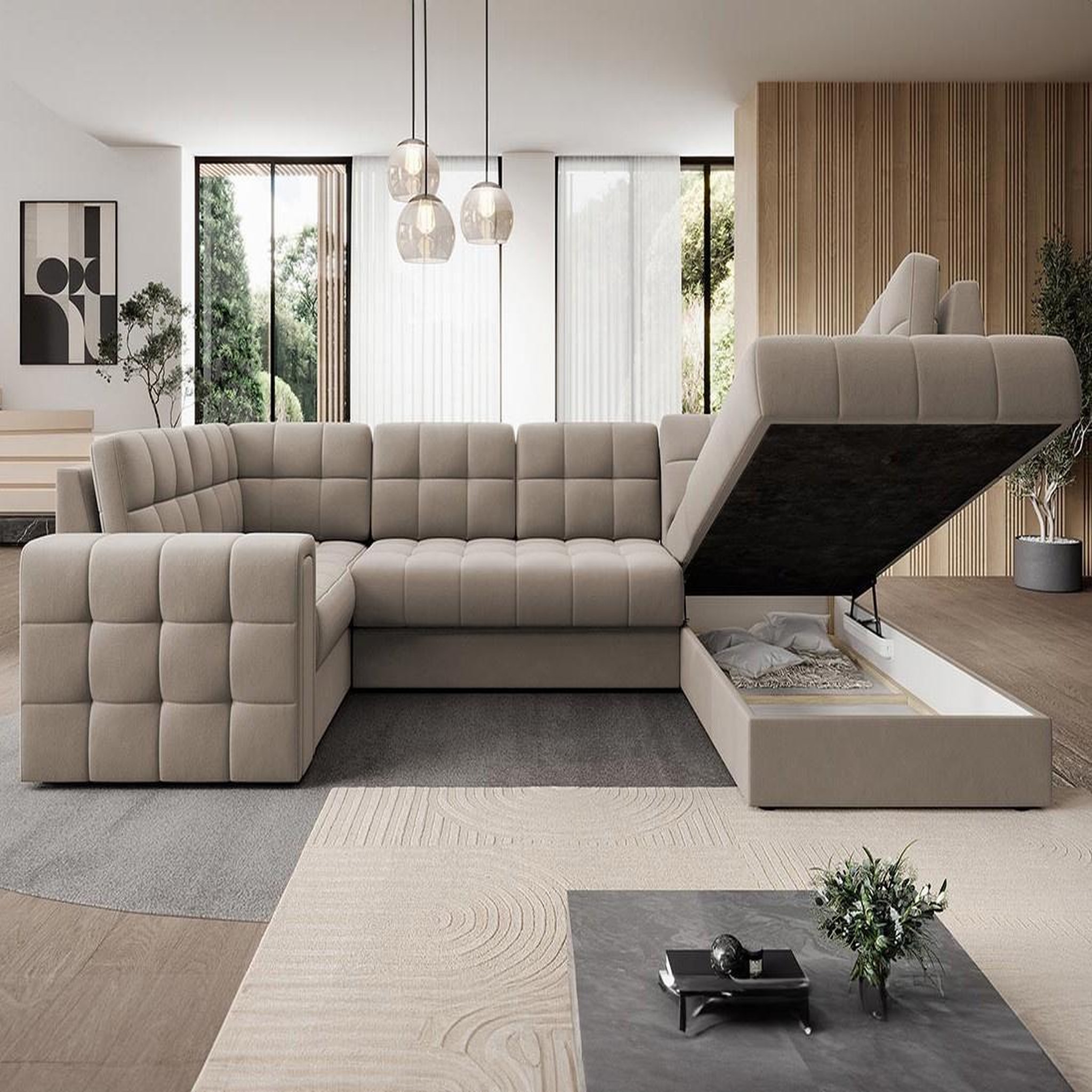 Voir la diapositive 3 : BEST MOBILIER Nappa - canapé panoramique d'angle gauche 7 places convertible avec coffre en velours