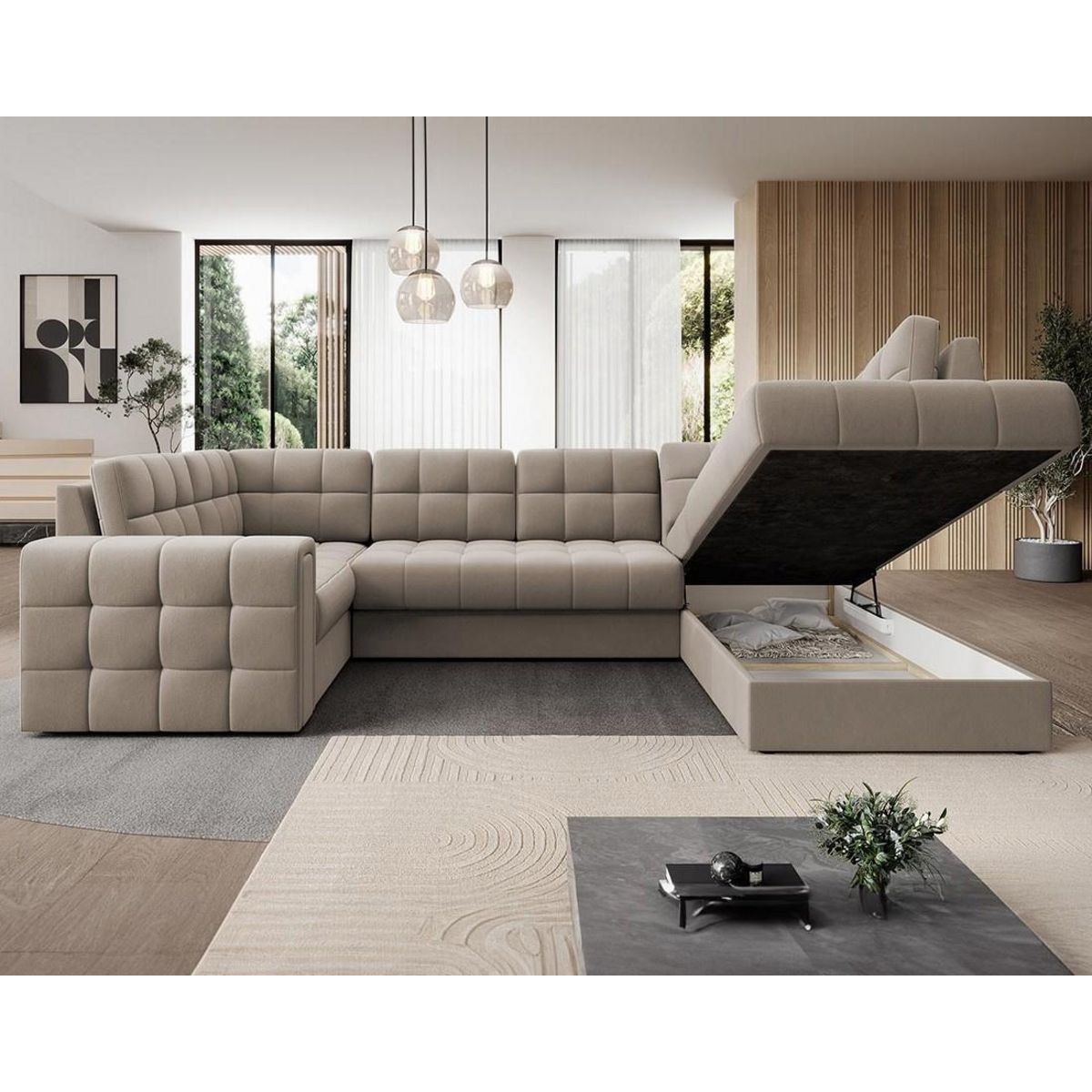 BEST MOBILIER Nappa - canapé panoramique d'angle gauche 7 places convertible avec coffre en velours