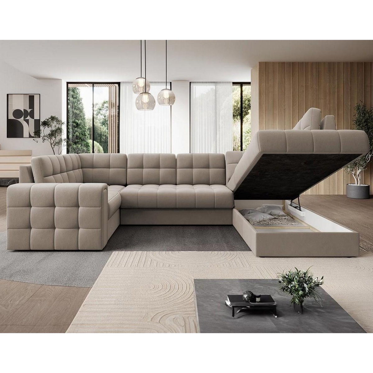 BEST MOBILIER Nappa - canapé panoramique d'angle gauche 7 places convertible avec coffre en velours