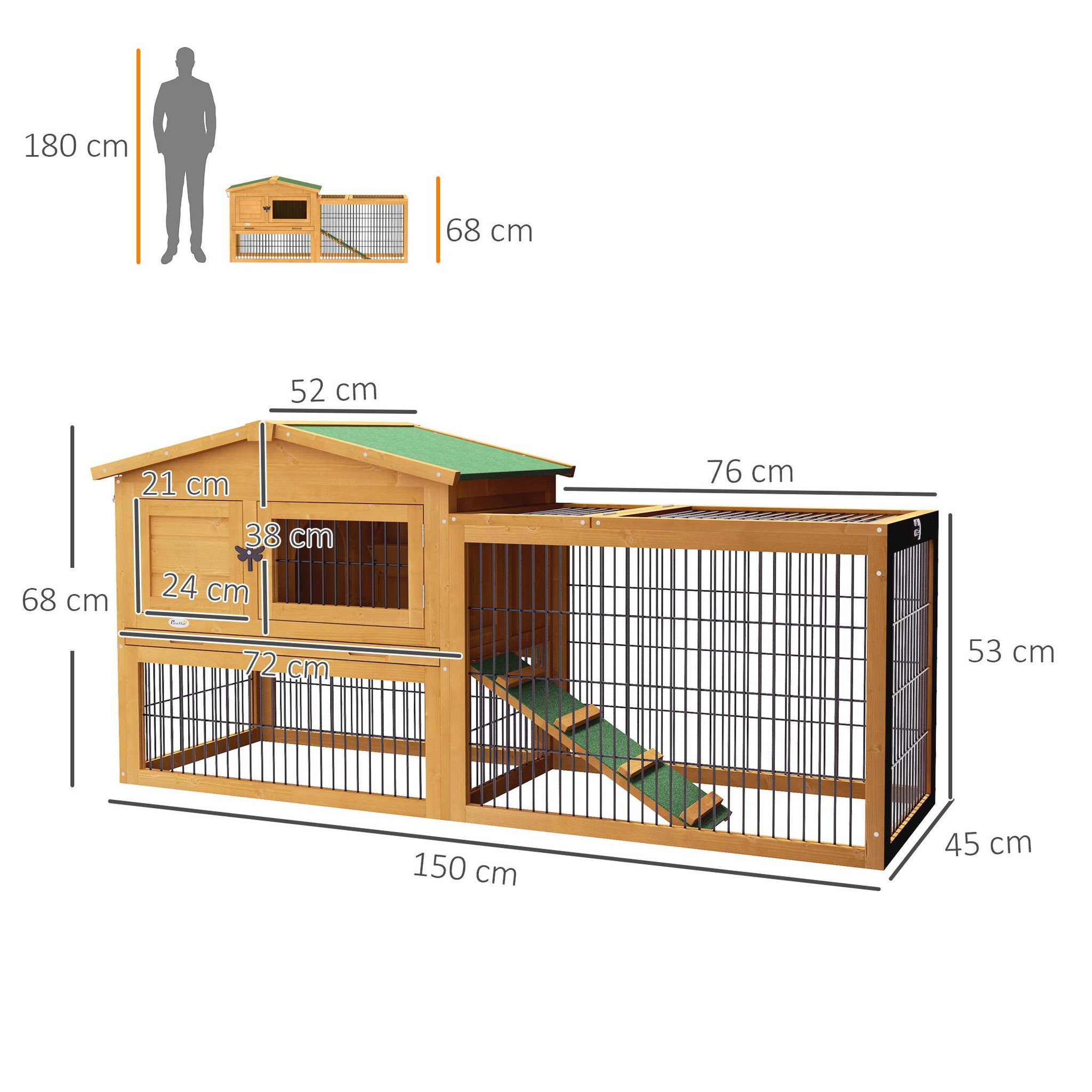 Voir la diapositive 3 : PAWHUT Clapier cage à lapins cottage - niche haute, rampe, enclos extérieur - plateau excrément, toit ouvrant, 2 portes verrouillables - bois naturel