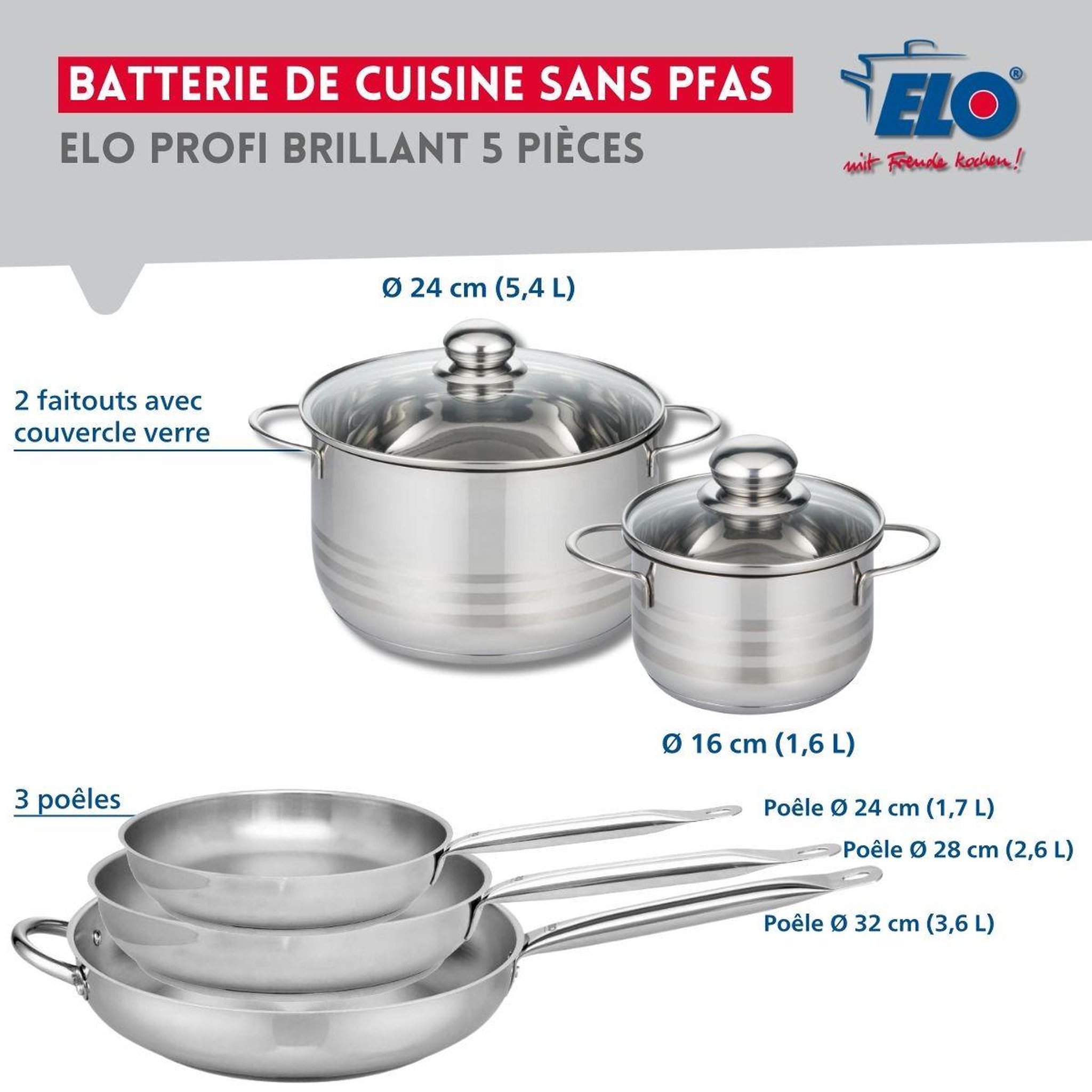 Voir la diapositive 2 : ELO Ensemble de 3 poêles de cuisson 24, 28 et 32 cm et 2 faitouts 16 et 24 cm elo profi brillant