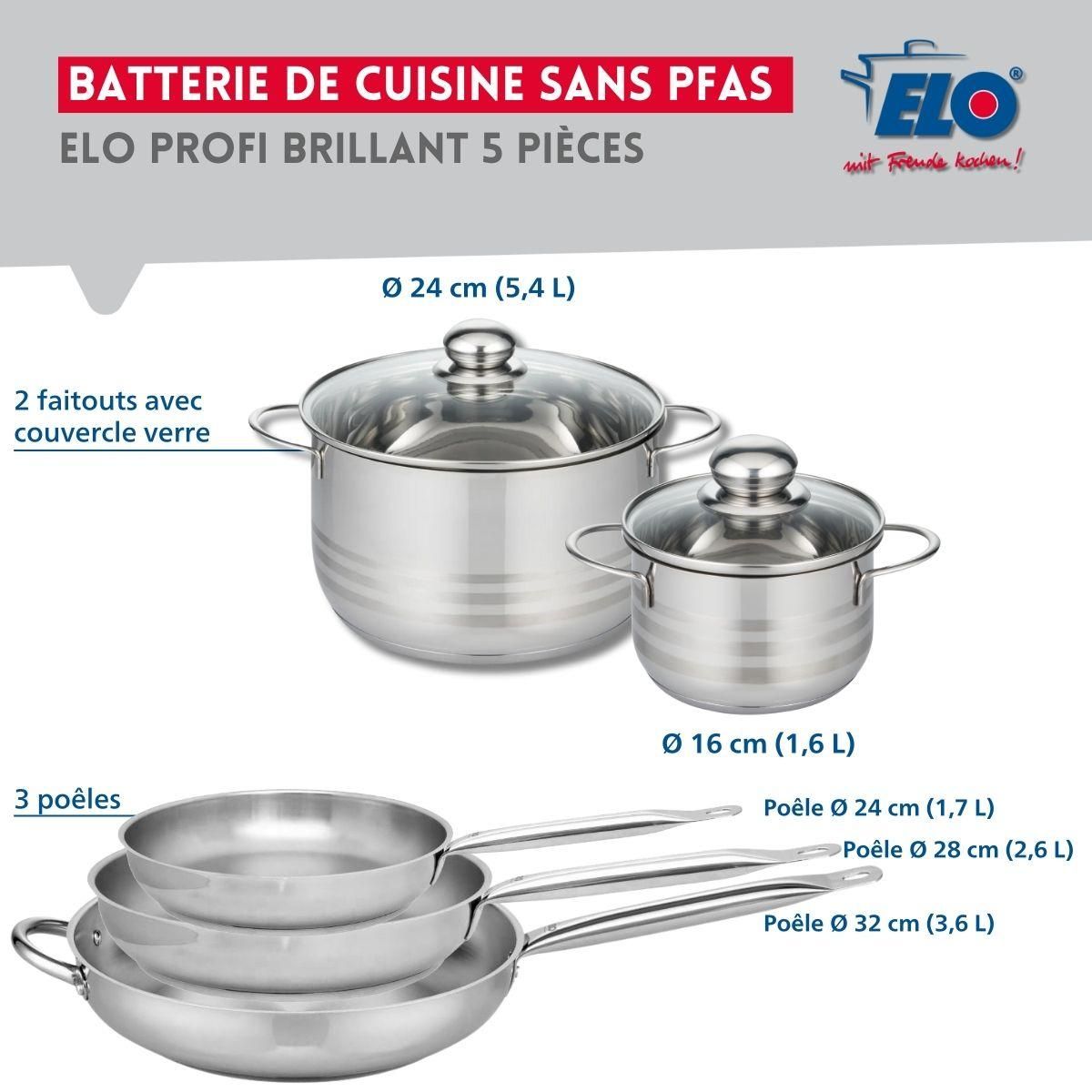 ELO Ensemble de 3 Poêles de cuisson 24, 28 et 32 cm et 2 faitouts 16 et 24 cm Elo Profi Brillant