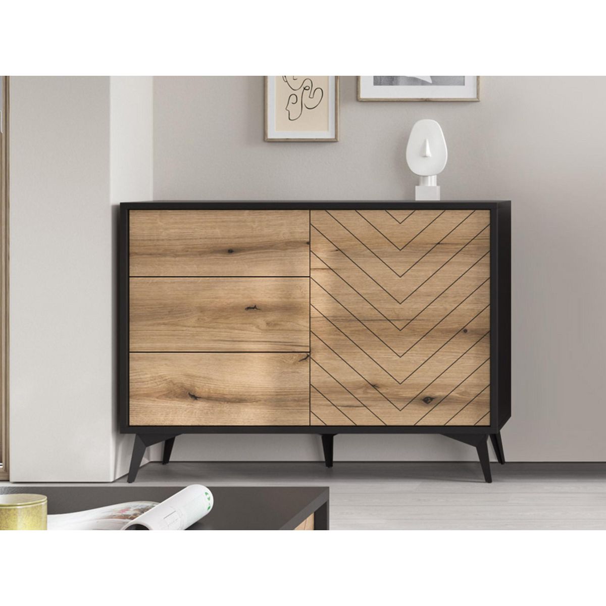 BEST MOBILIER Peter - buffet bas - effet bois et noir - 104 cm - style industriel