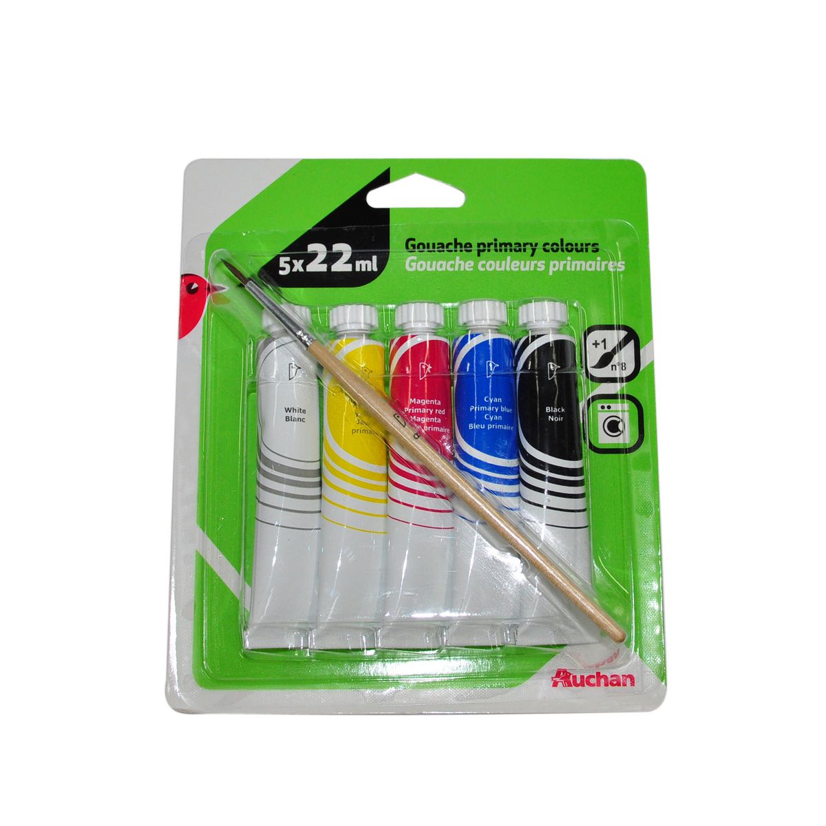AUCHAN  Lot de 5 tubes de peintures 22ml couleurs primaires + 1 pinceau N°8