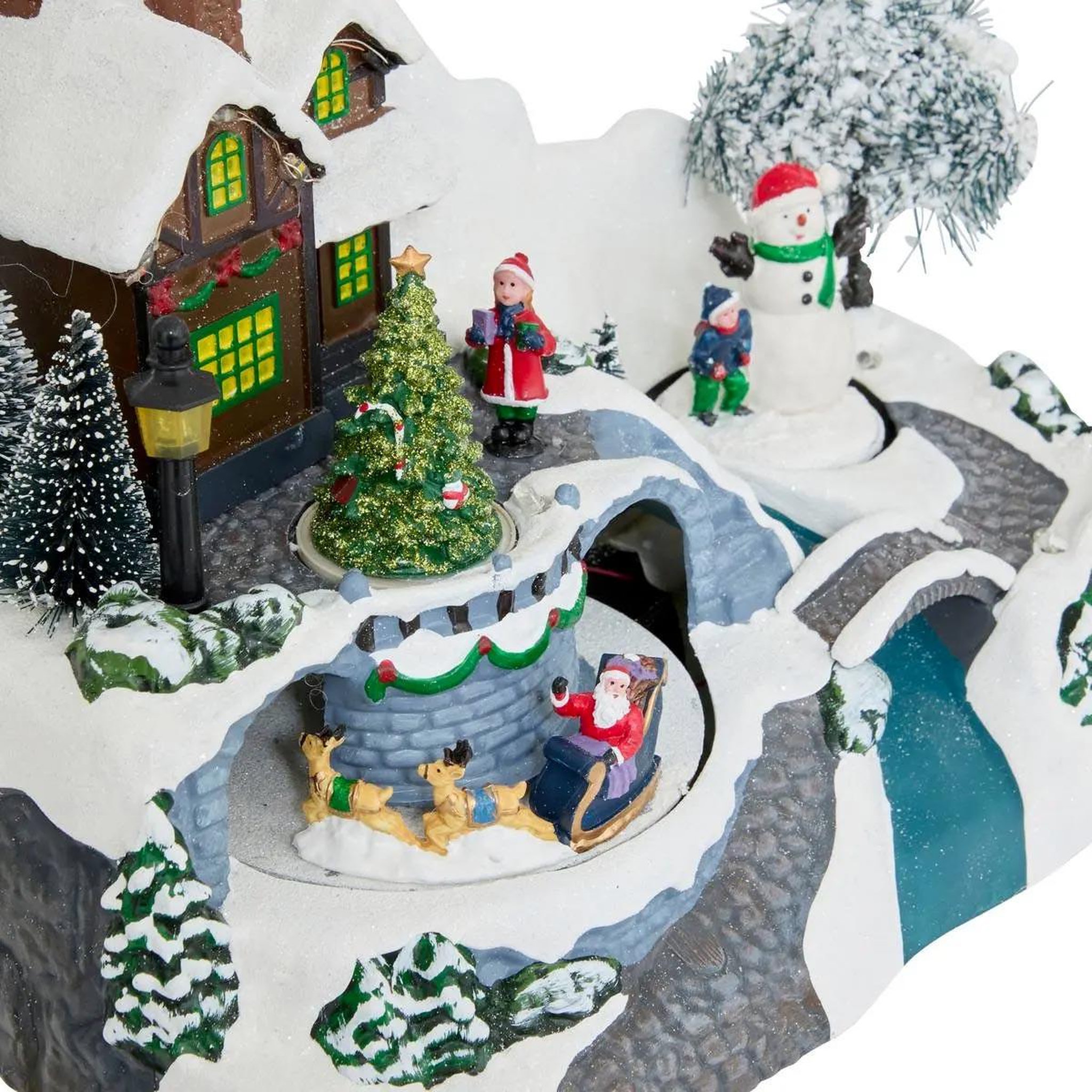 Voir la diapositive 2 : FEERIC LIGHT & CHRISTMAS Village de noel enneigé avec le père noel - hauteur 23,8 cm - marron, blanc et bleu