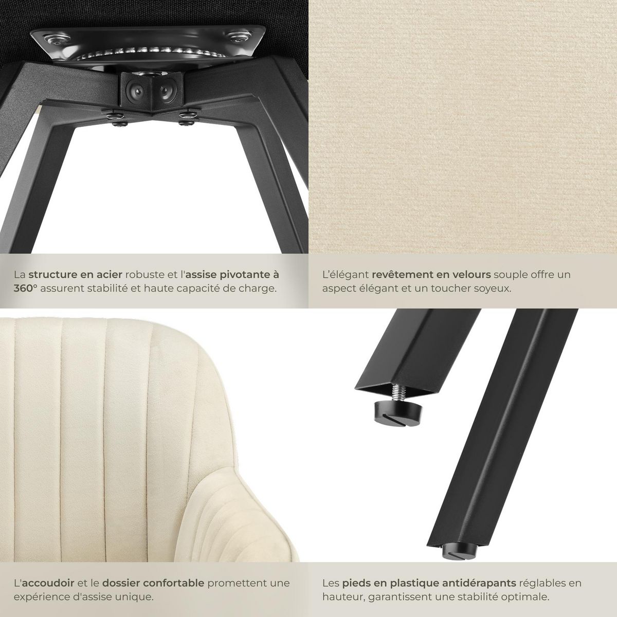 tectake Chaise pivotante avec accoudoirs rembourrée aspect velours crème Lot de 6