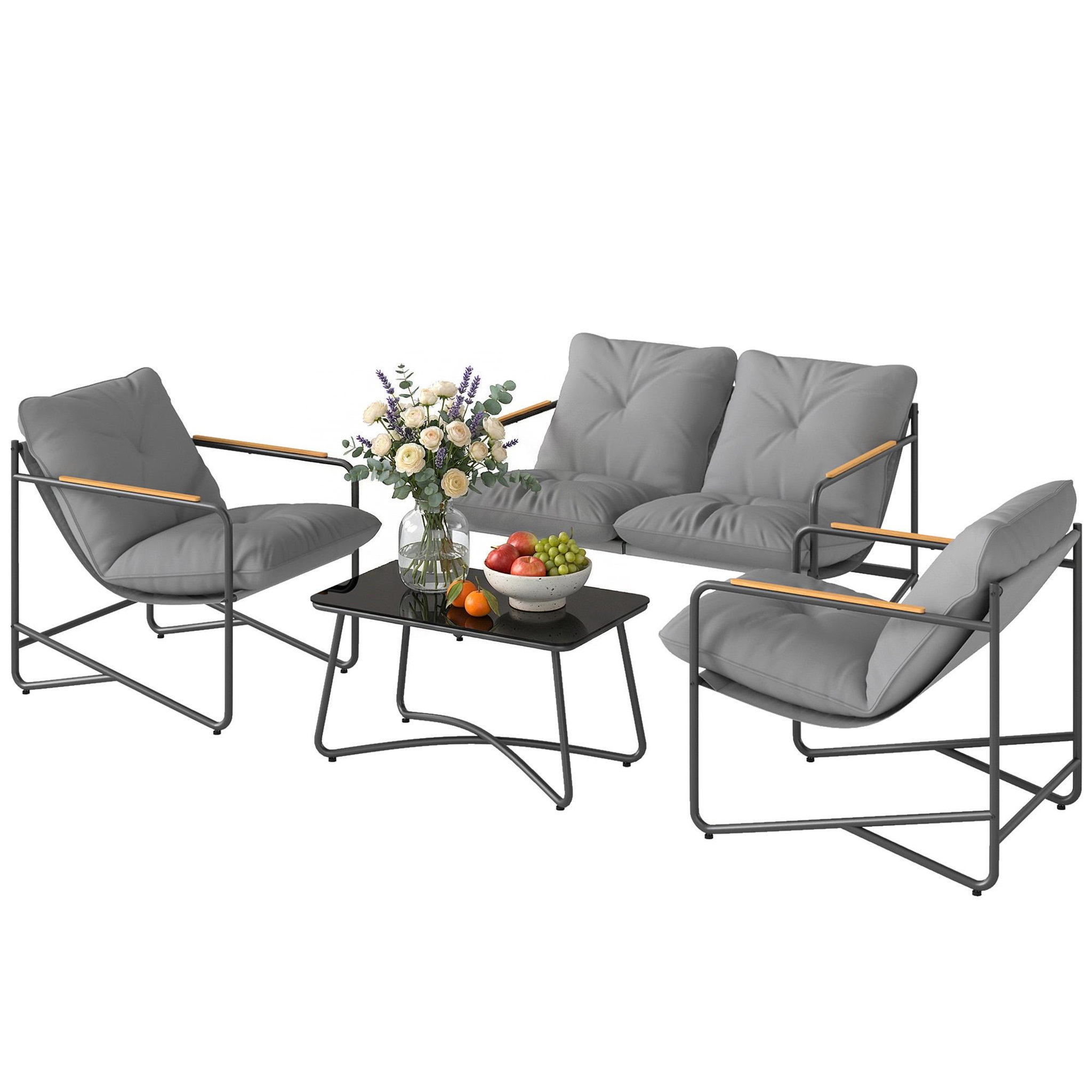 Voir la diapositive 5 : OUTSUNNY Salon de jardin 4 places 4 pièces avec coussins métal gris effet bois