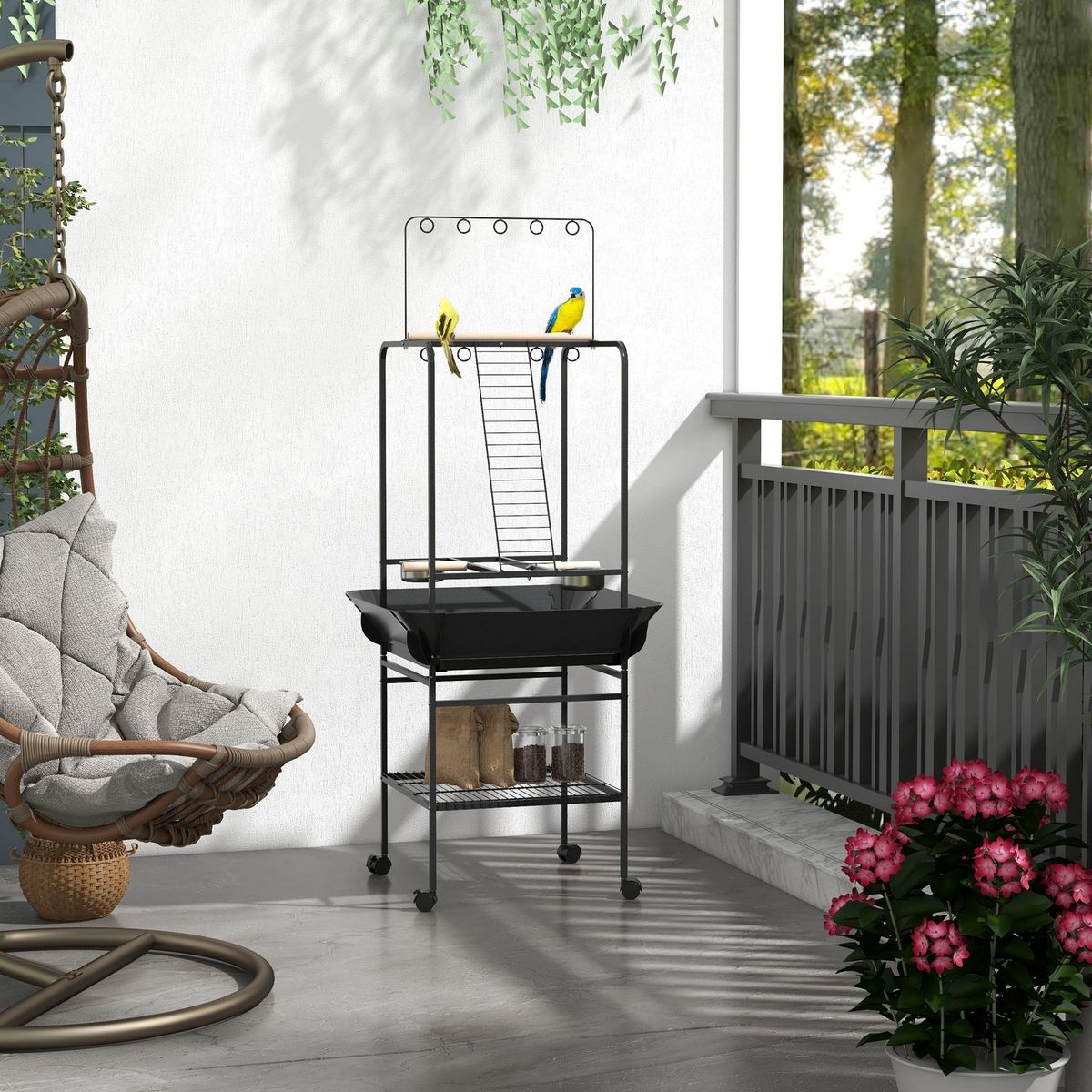 PAWHUT Aire de jeu perchoirs sur roulettes pour oiseaux perroquets gris foncé