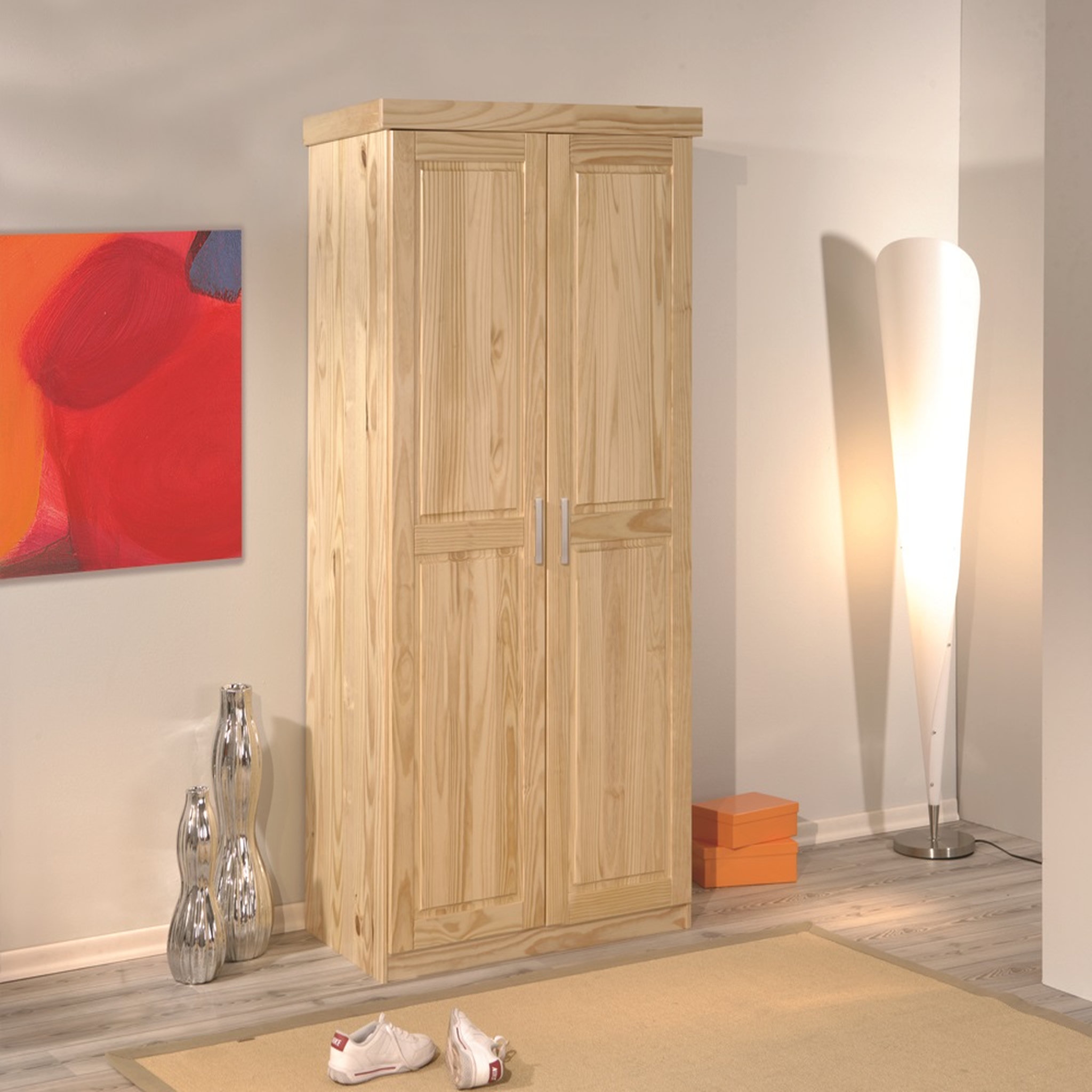 Voir la diapositive 4 :  Armoire de chambre 2 portes avec penderie pin massif naturel ULLI