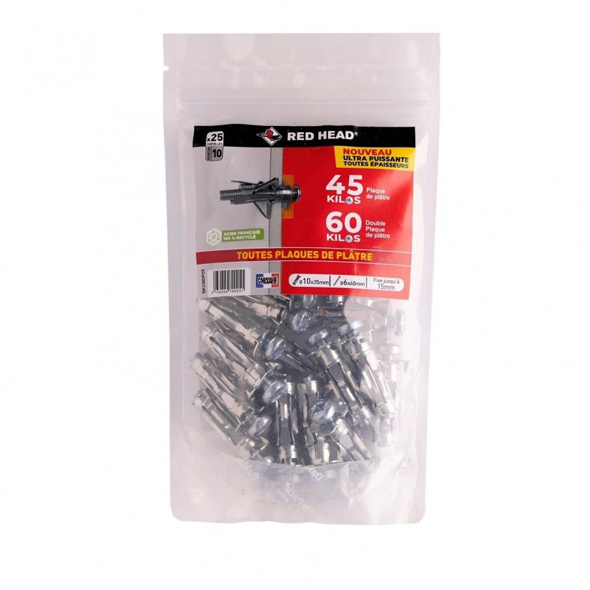 RED HEAD Lot de 25 chevilles Diam.10 x L.35 mm et vis a expansion RED HEAD, Diam.6 x L.40 mm