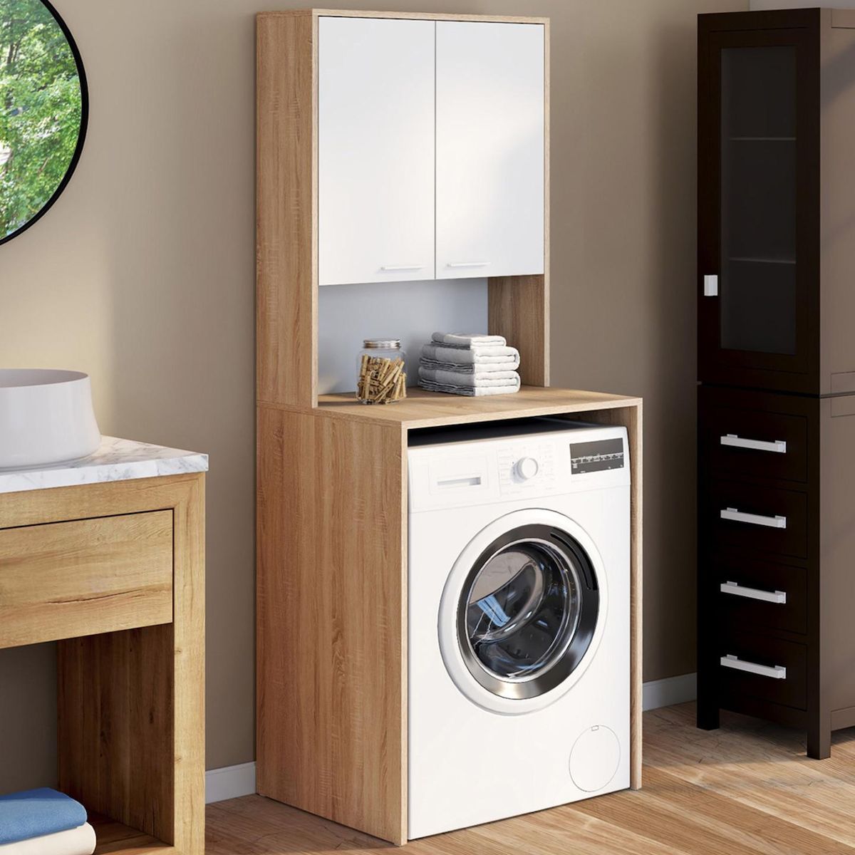 ID MARKET Meuble dessus de machine à laver WALLIS avec placard bois façon hêtre et blanc