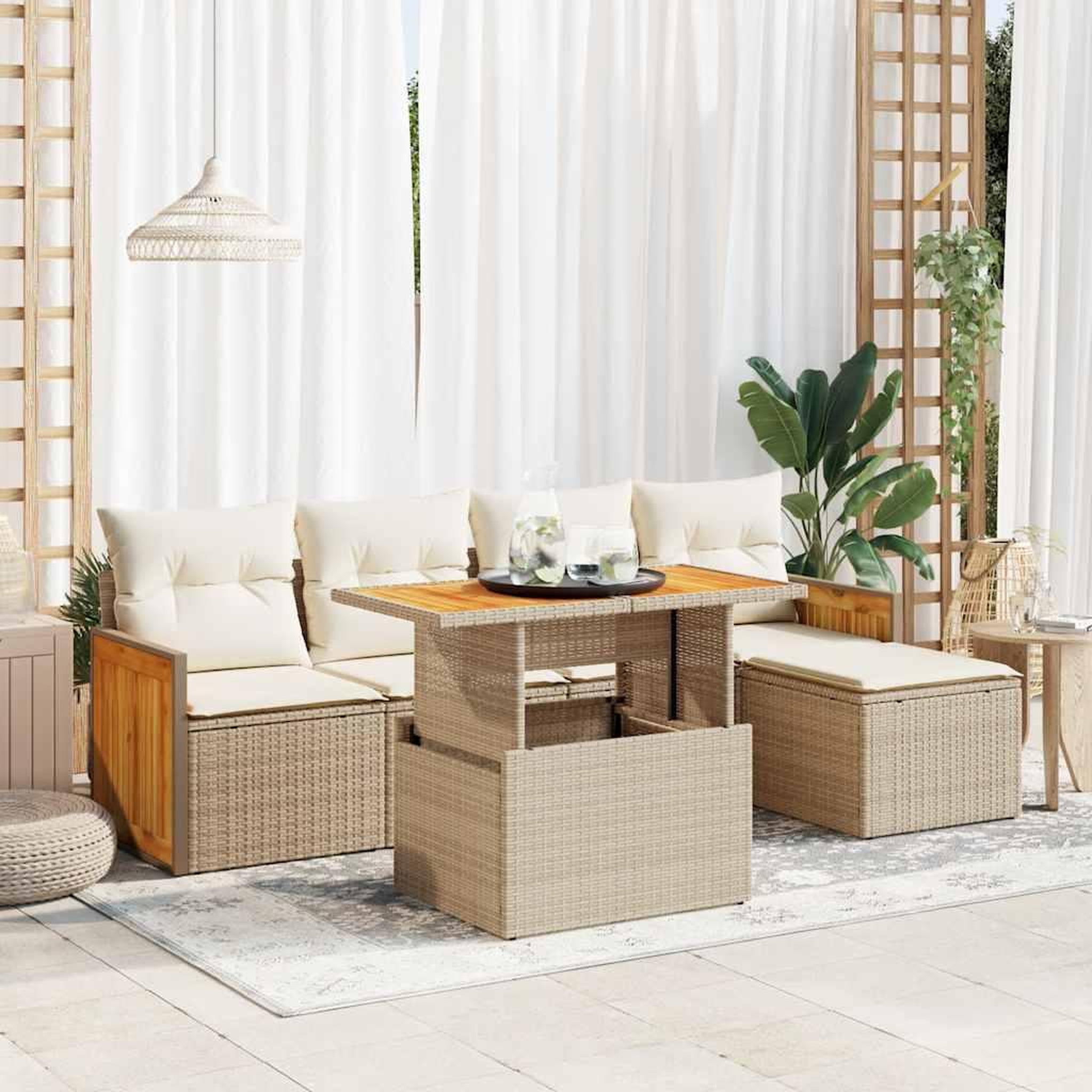 VIDAXL Salon de jardin 6 pcs avec coussins beige resine tressee acacia