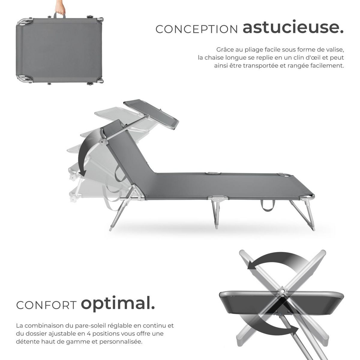 tectake Transat en acier pliable gris