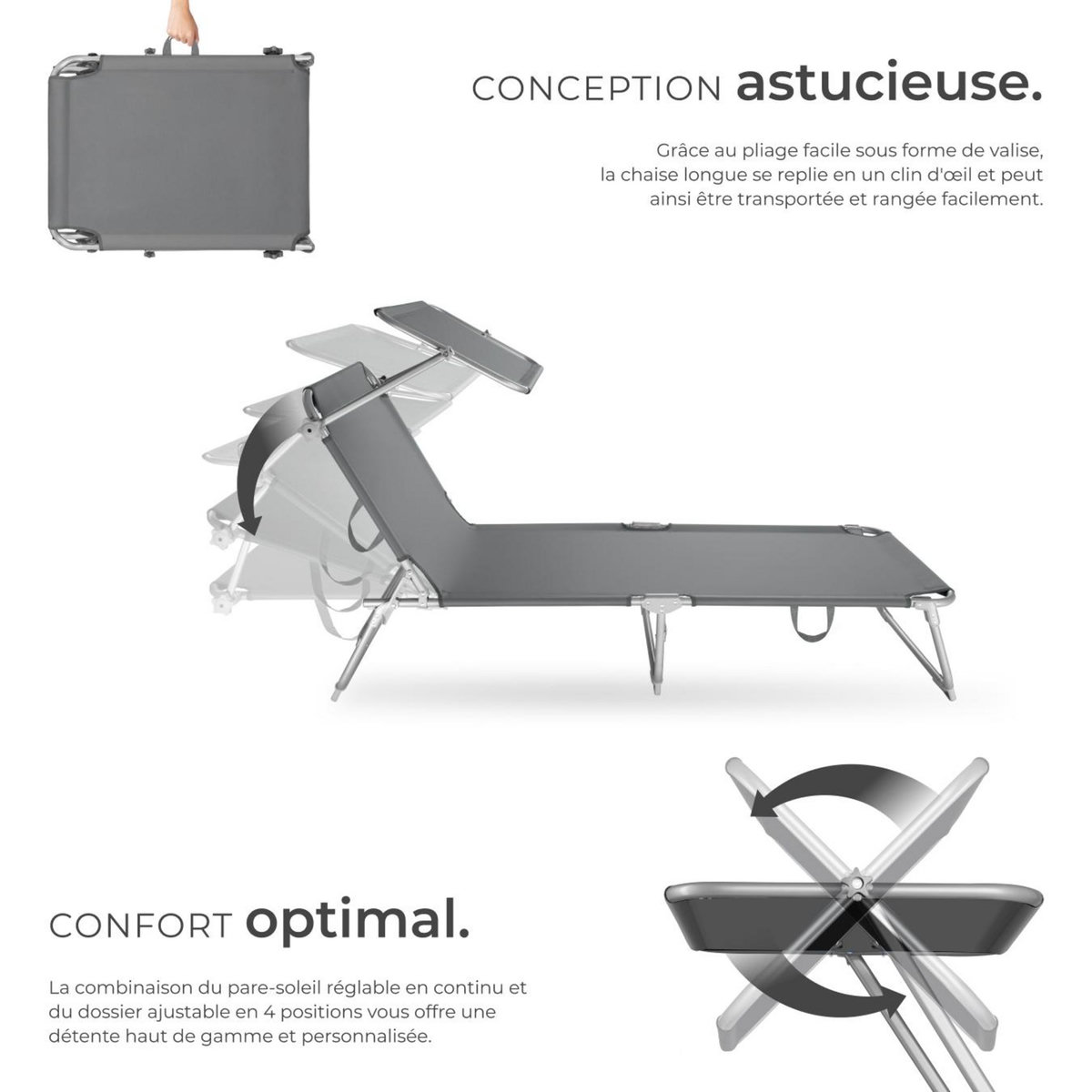 tectake Transat en acier pliable gris