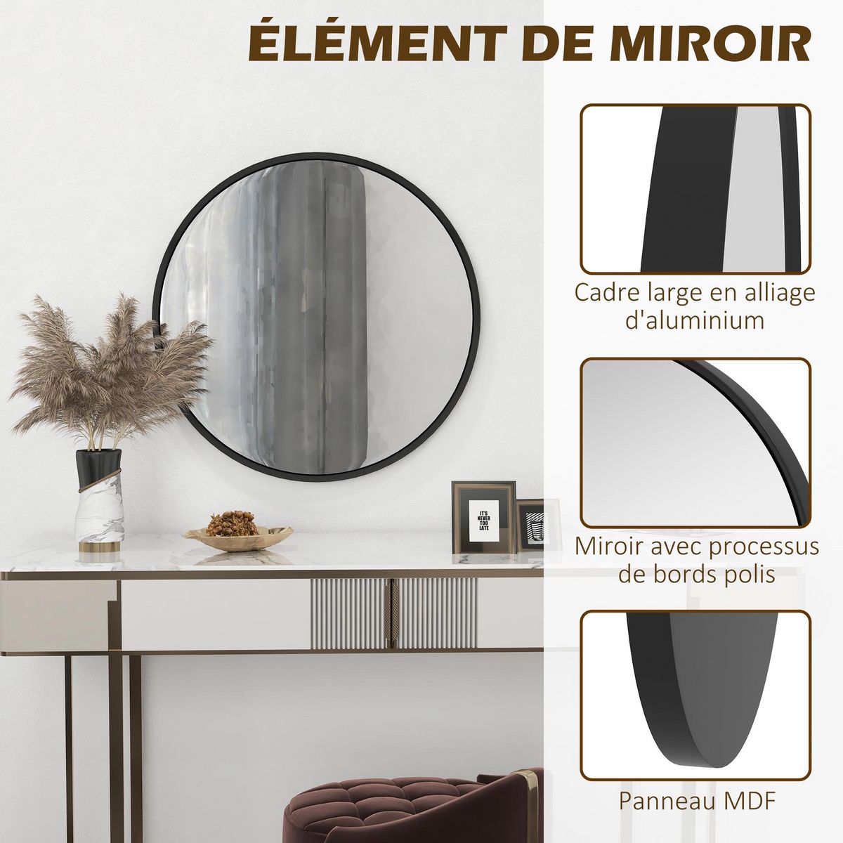 HOMCOM Miroir rond mural diamètre de 61 cm cadre en aluminium style minimaliste décoration noir