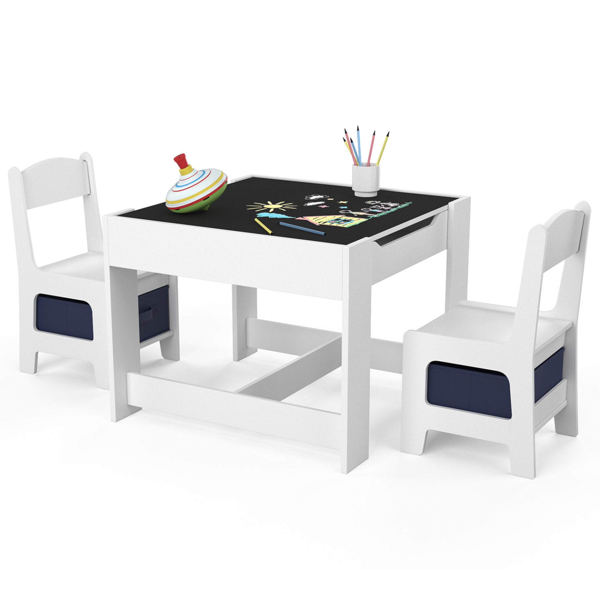 ID MARKET Table à dessin reversible + 2 chaises gabriel blanc avec bacs de rangement
