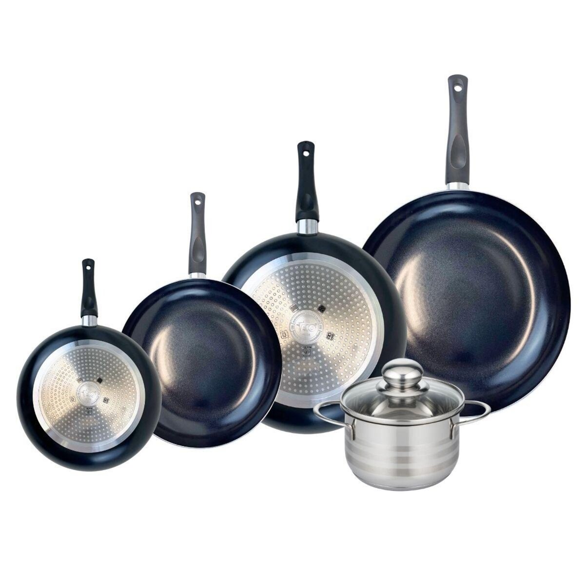 ELO Ensemble de 4 Poêles de cuisson 20, 24, 28 et 32 cm et 1 faitout 16 cm Elo Prima Brillant