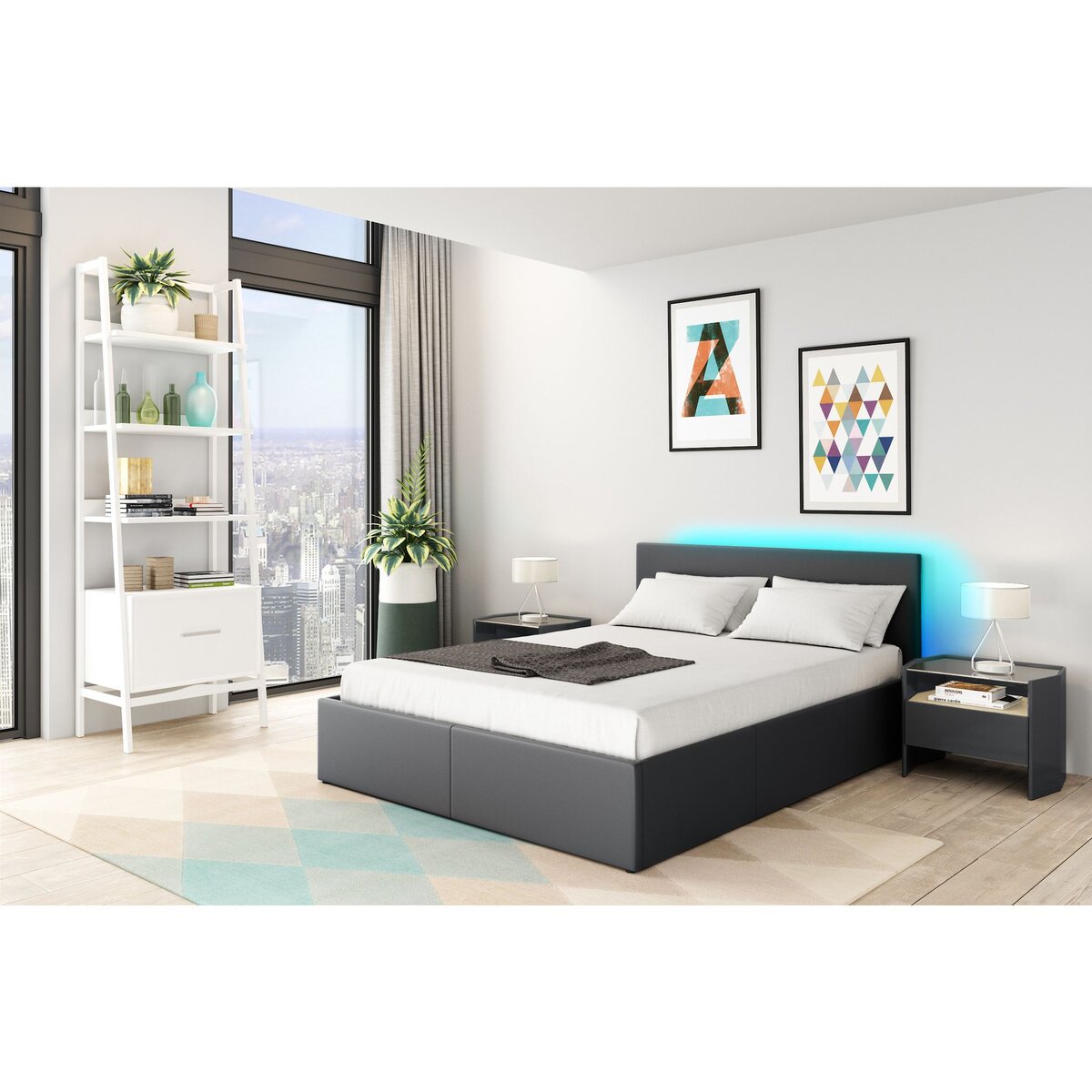 Lit coffre 140x190 cm avec sommier à lattes et tête de lit LED WILLOW