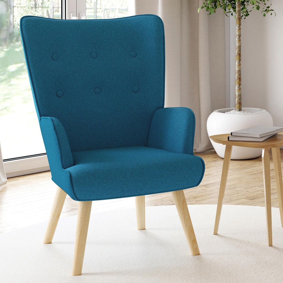 ID MARKET Fauteuil scandinave IVAR en tissu bleu canard