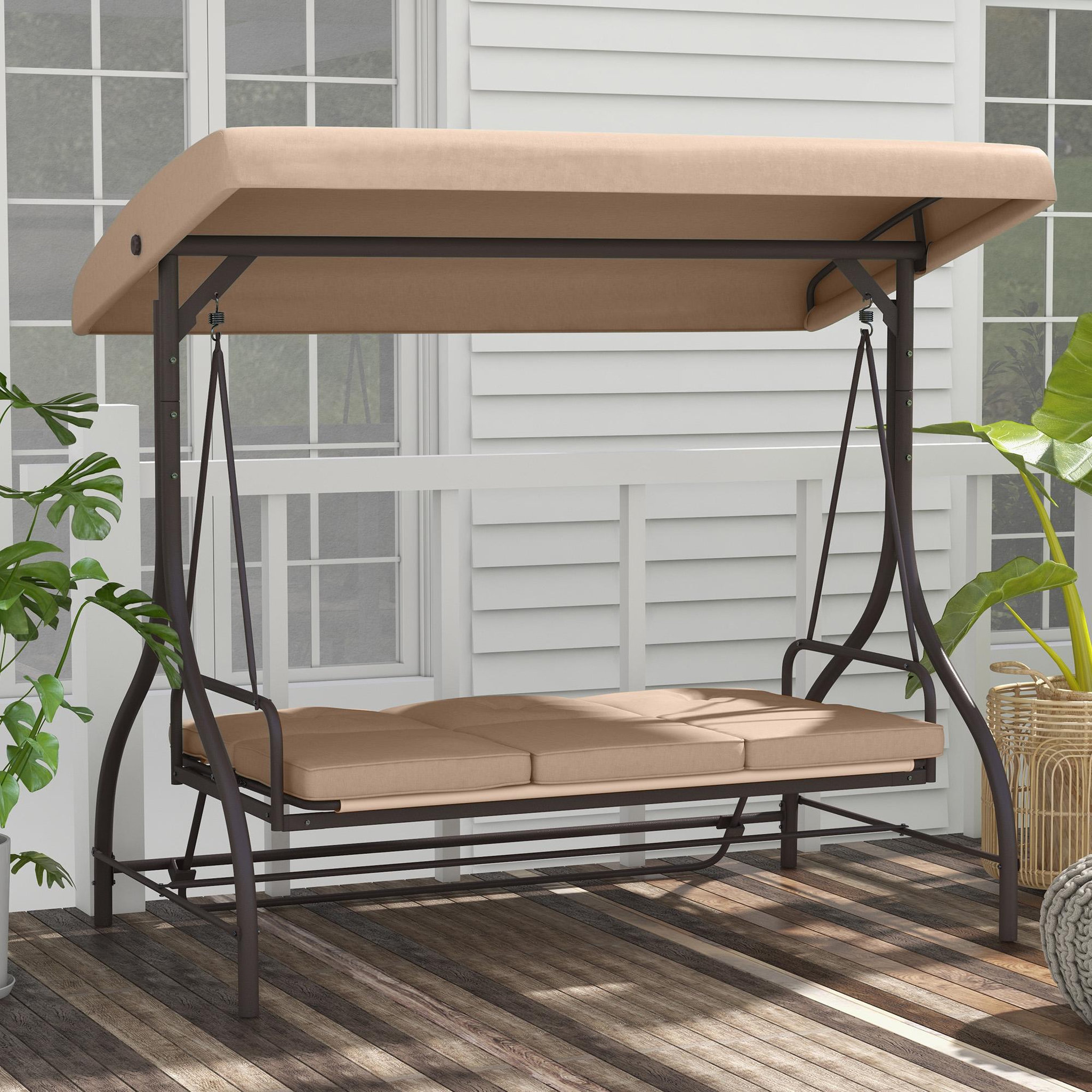 Voir la diapositive 4 : OUTSUNNY Balancelle de jardin convertible 3 places avec coussins métal polyester kaki