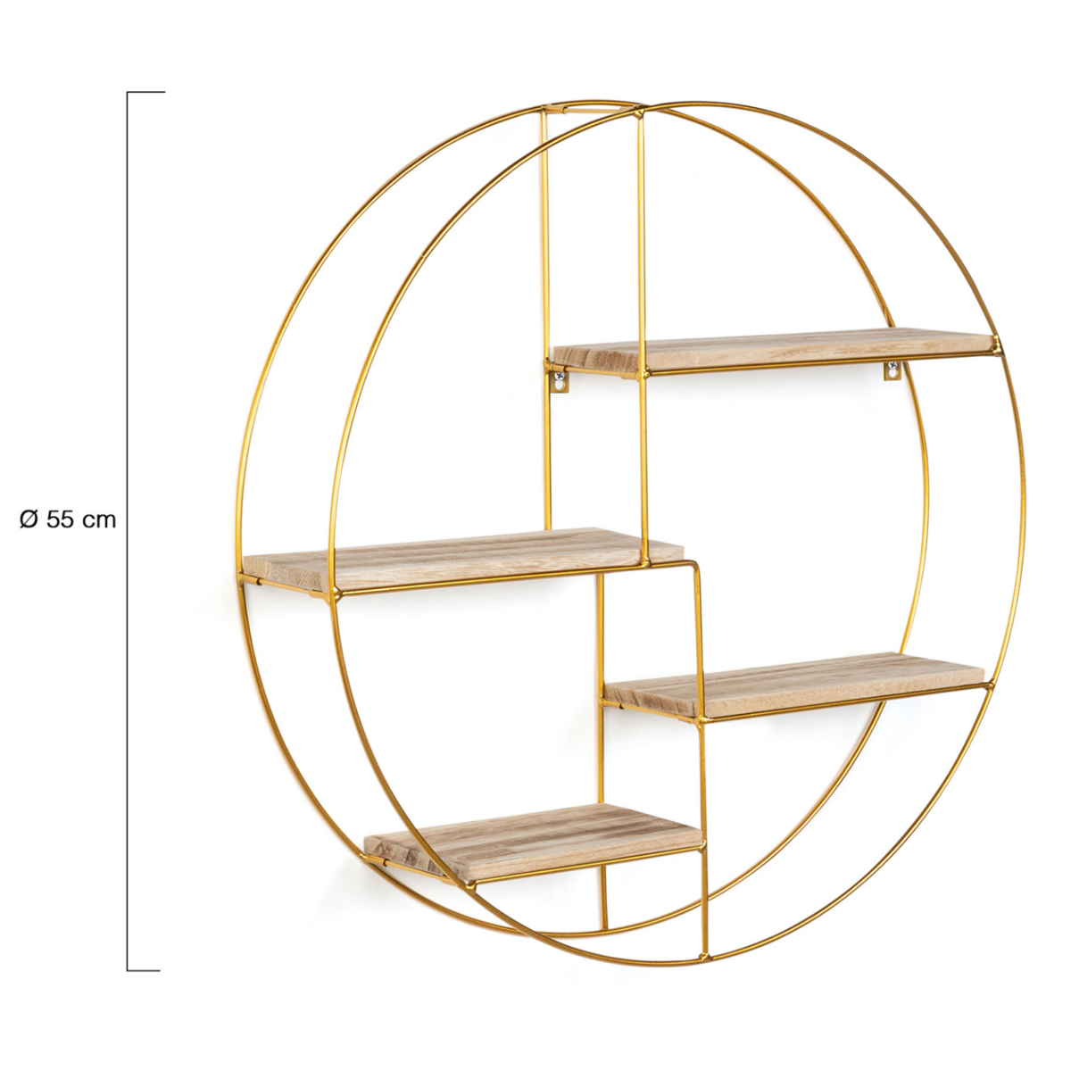 ID MARKET Etagère murale ronde LILY 4 niveaux bois et métal doré design industriel