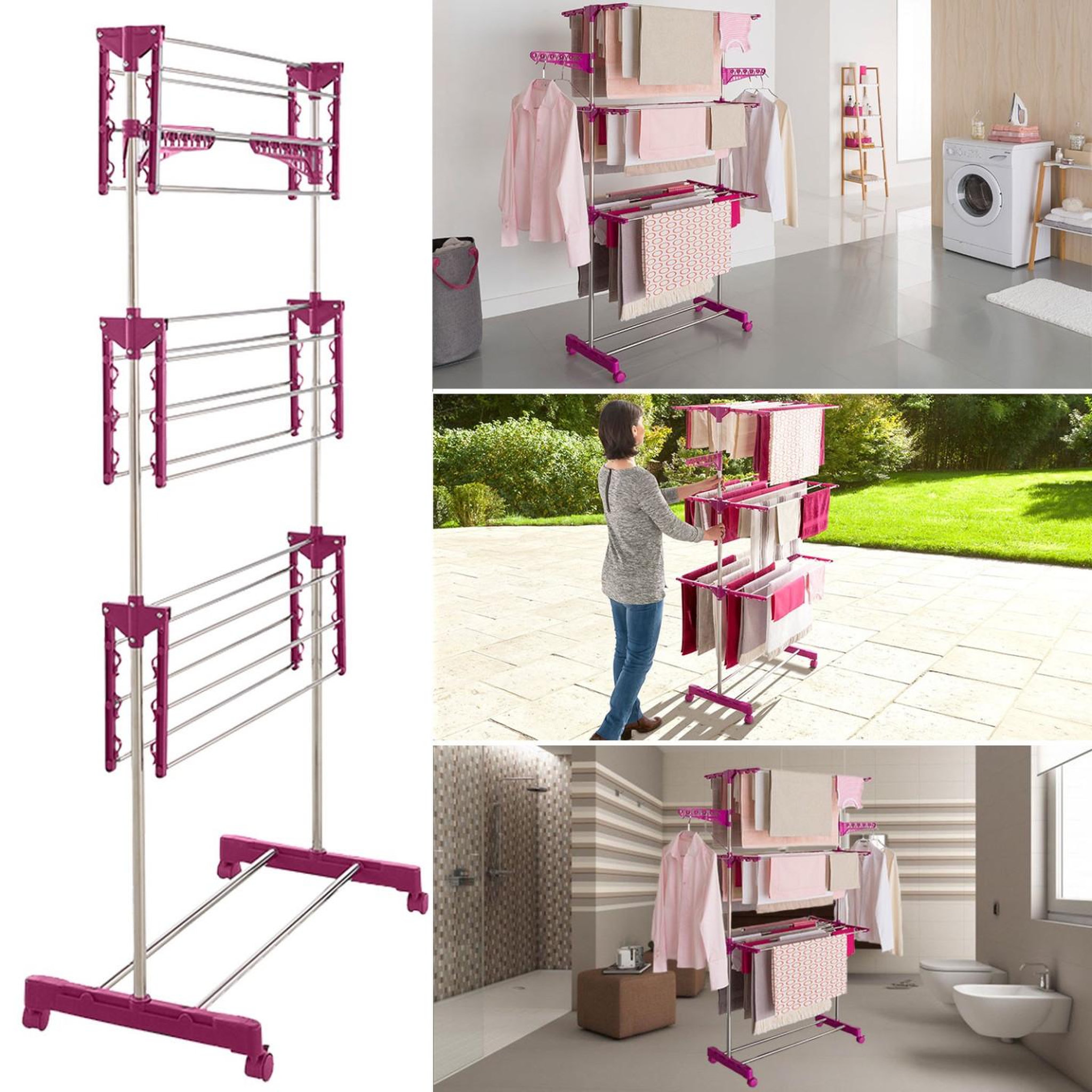 Voir la diapositive 5 : ID MARKET Séchoir à linge vertical pliable 3 niveaux maxima capacité 20m inox et rose