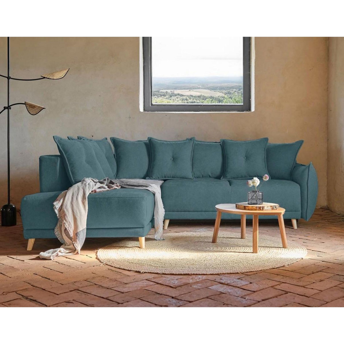 BEST MOBILIER Lena - canapé d'angle gauche convertible - 5 places - bleu canard - style scandinave - bleu canard