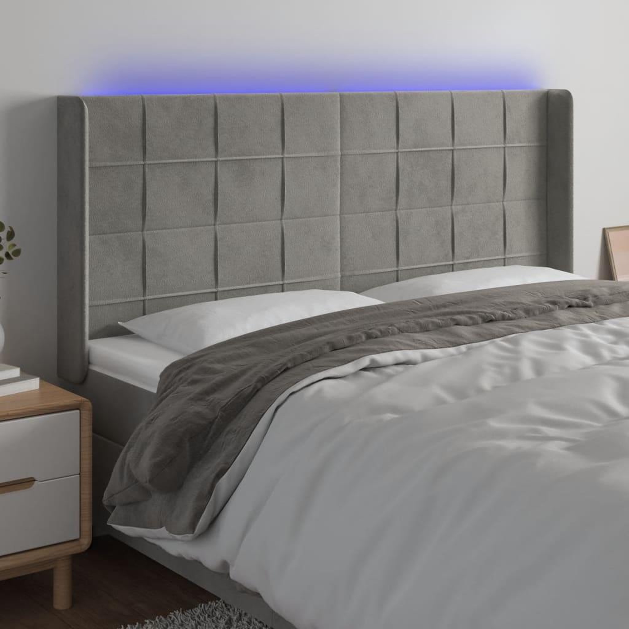 Voir la diapositive 1 : VIDAXL Tete de lit a LED Gris clair 203x16x118/128 cm Velours