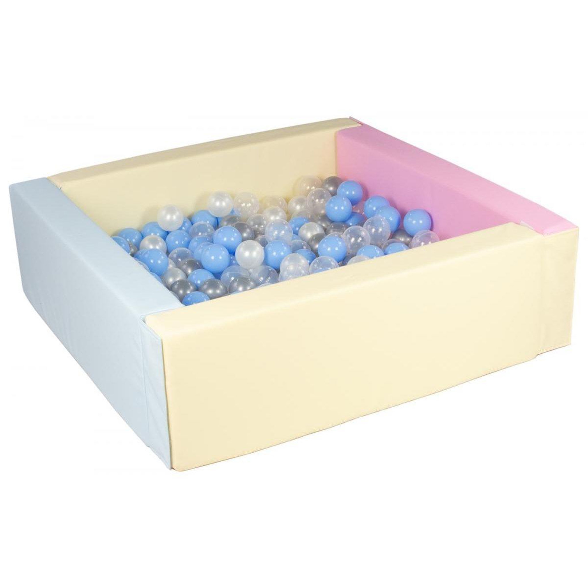 VELINDA Piscine à balles carrée avec 200 balles - bords 3 couleurs /perle, transparent, bleu clair, argent