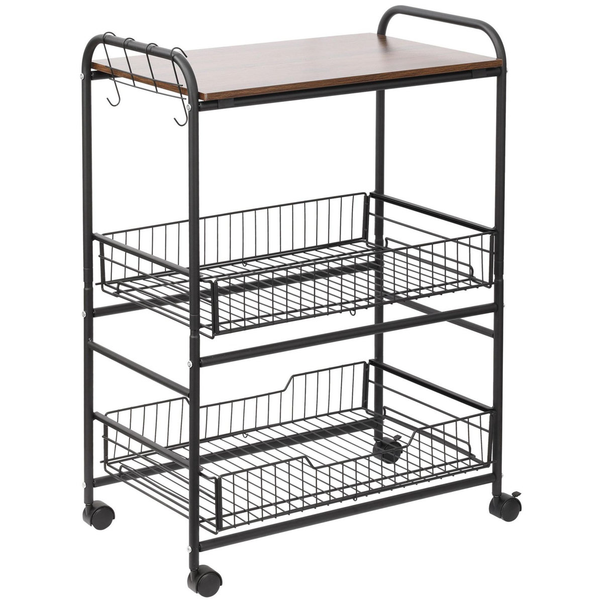 HOMCOM HOMCOM Desserte néo-rétro style industriel 2 paniers coulissants - métal noir plateau aspect bois de noyer