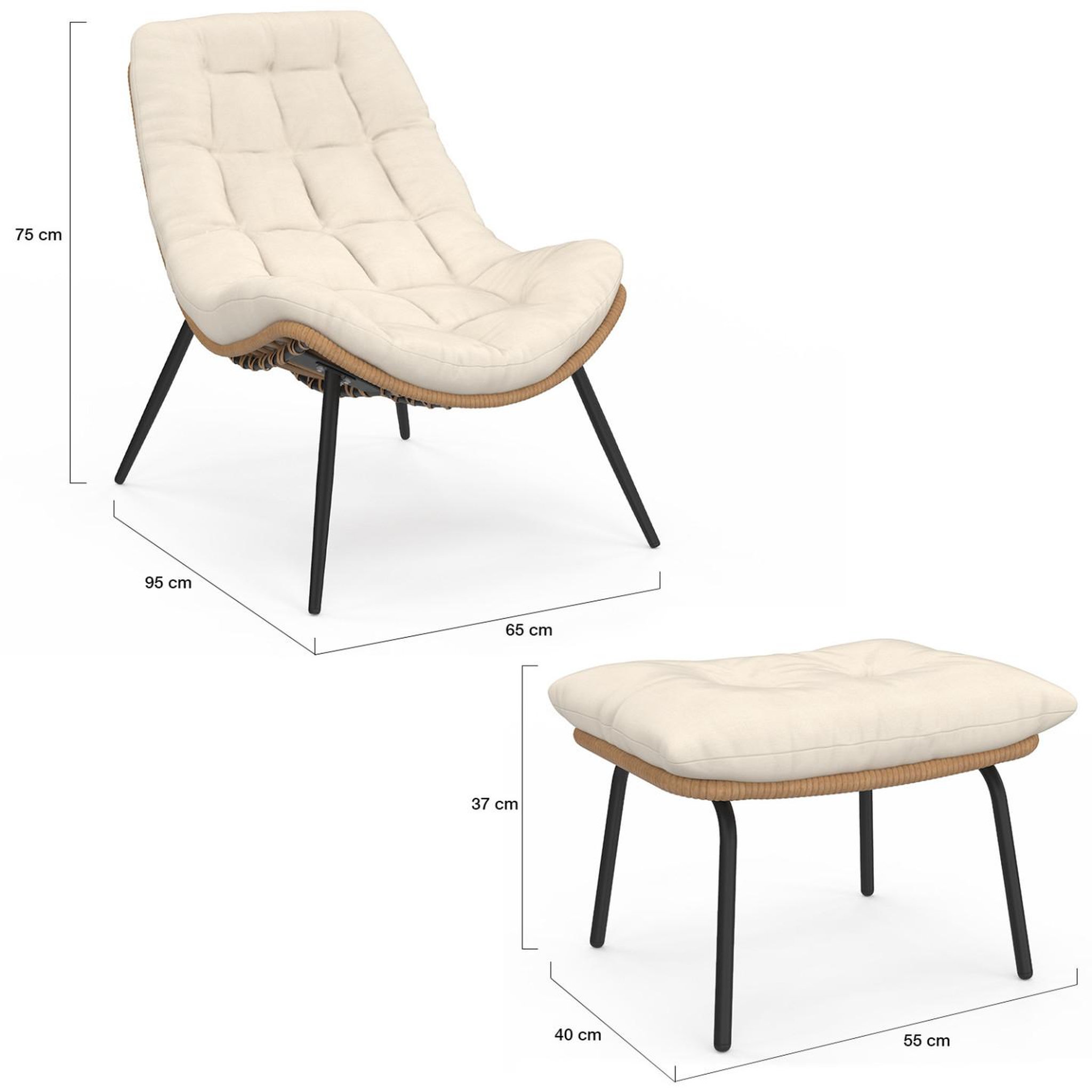 Voir la diapositive 5 : ID MARKET Lot de 2 fauteuils de jardin relax loa effet rotin avec coussins écrus et repose-pieds