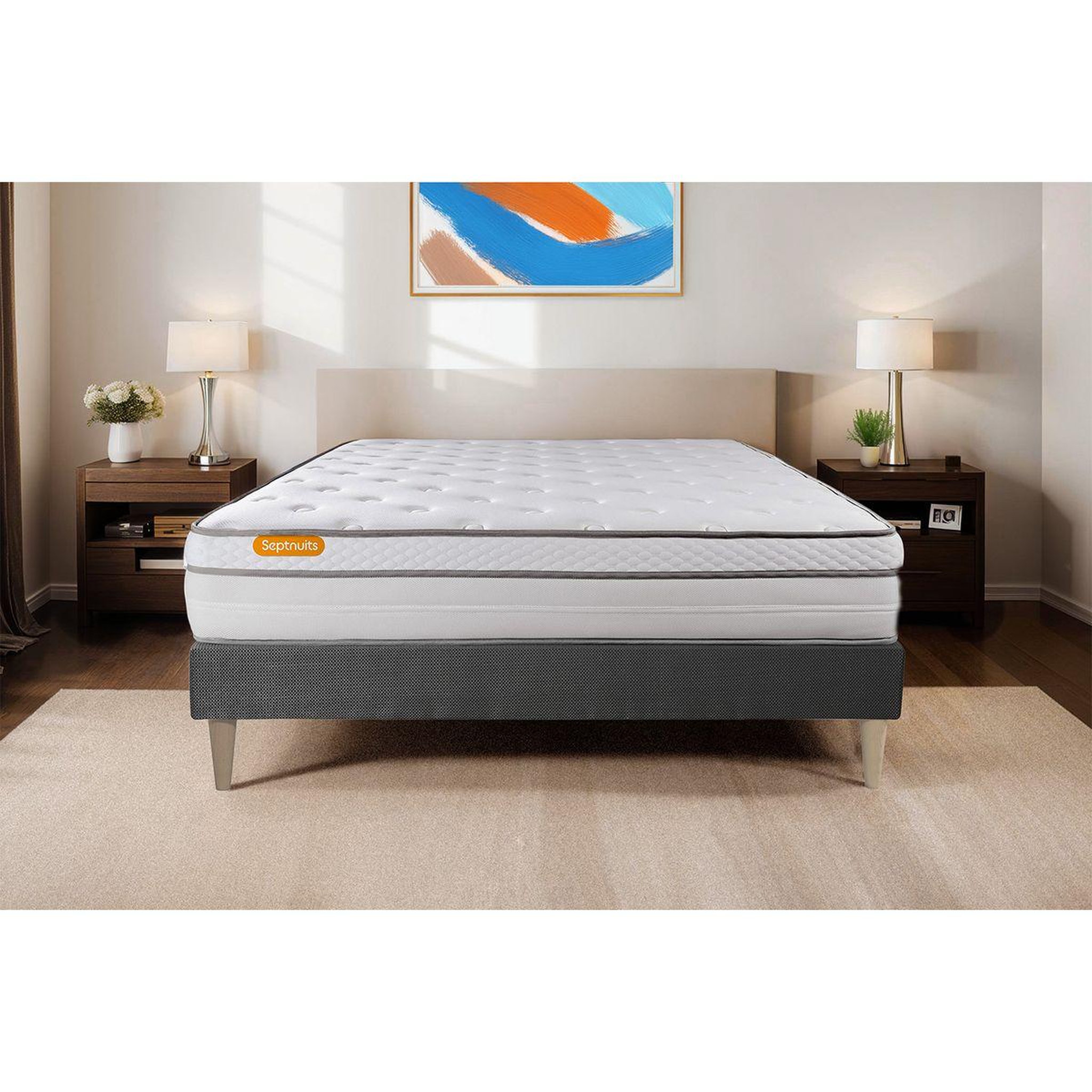 Voir la diapositive 2 : SEPTNUITS Matelas + sommier gris Memo Luxe Ressorts ensachés + mémoire de forme 5 zones de confort MAXI épaisseur