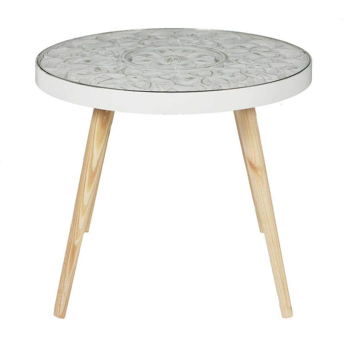 TOILINUX Table basse ronde Arabesque - Diamètre 50 cm - Blanc et Beige